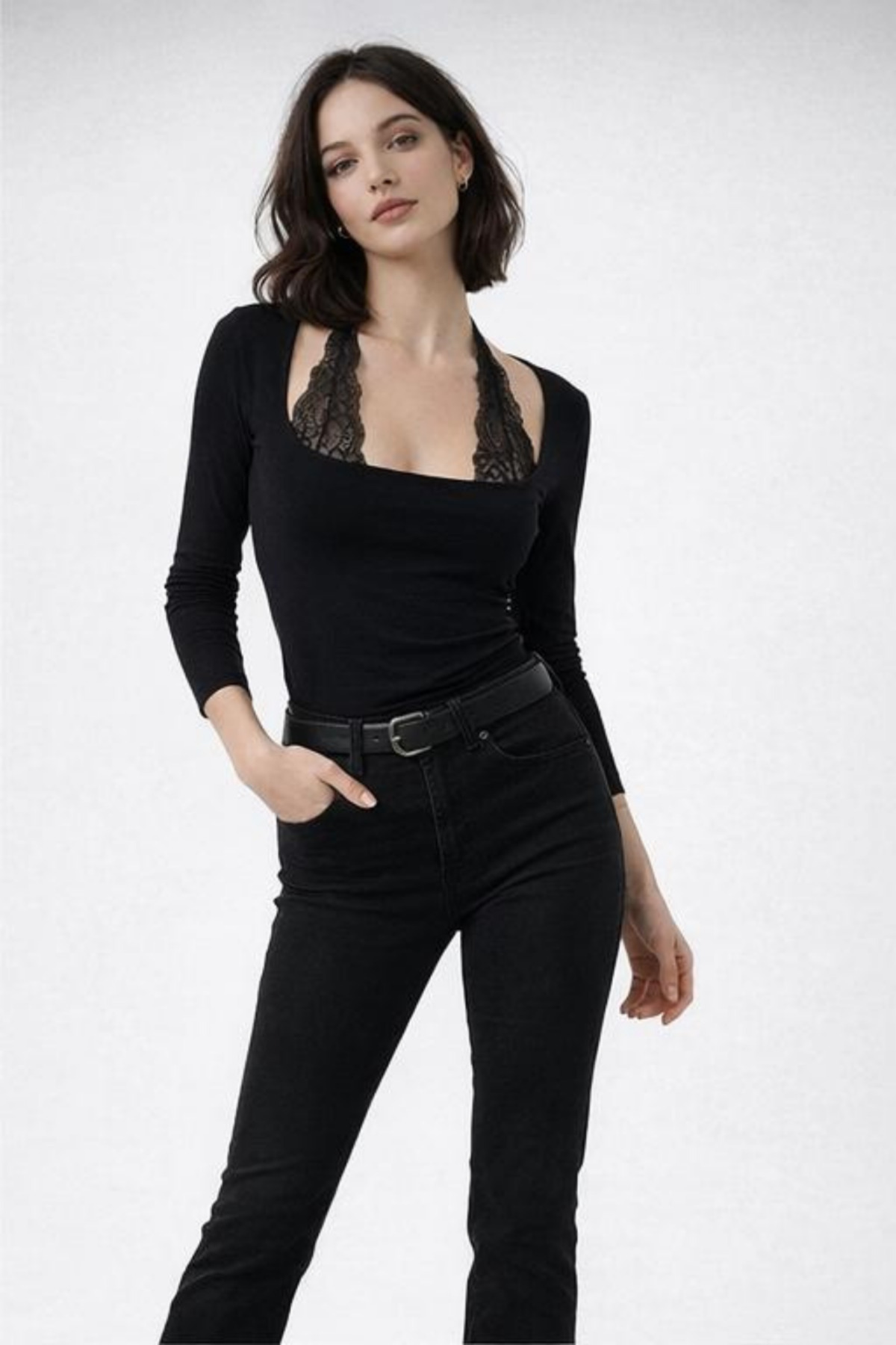 LOVES AGAZA  Siyah Bağlamalı Dantelli Uzun Kol Bluz - Görsel 2