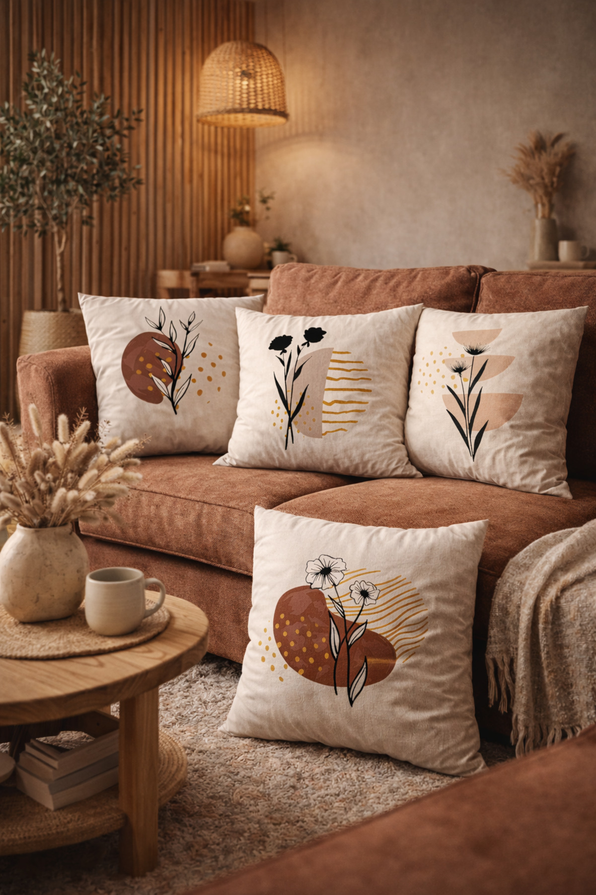 Spring Flowers Patterned Brown Lines 4-Piece Digital Printed Pillowcase