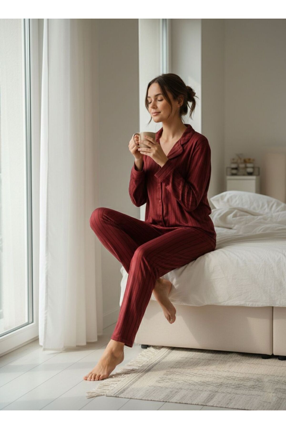 TAWBE  Kadın Pijama Takımı Bordo Rahat Ev Giyim Takımı - Görsel 2