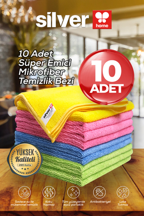 SİLVER HOME Süper Emici 235 Kalite 40x40cm 10lu Mikrofiber Bez - Yıka Yıka Ku...
