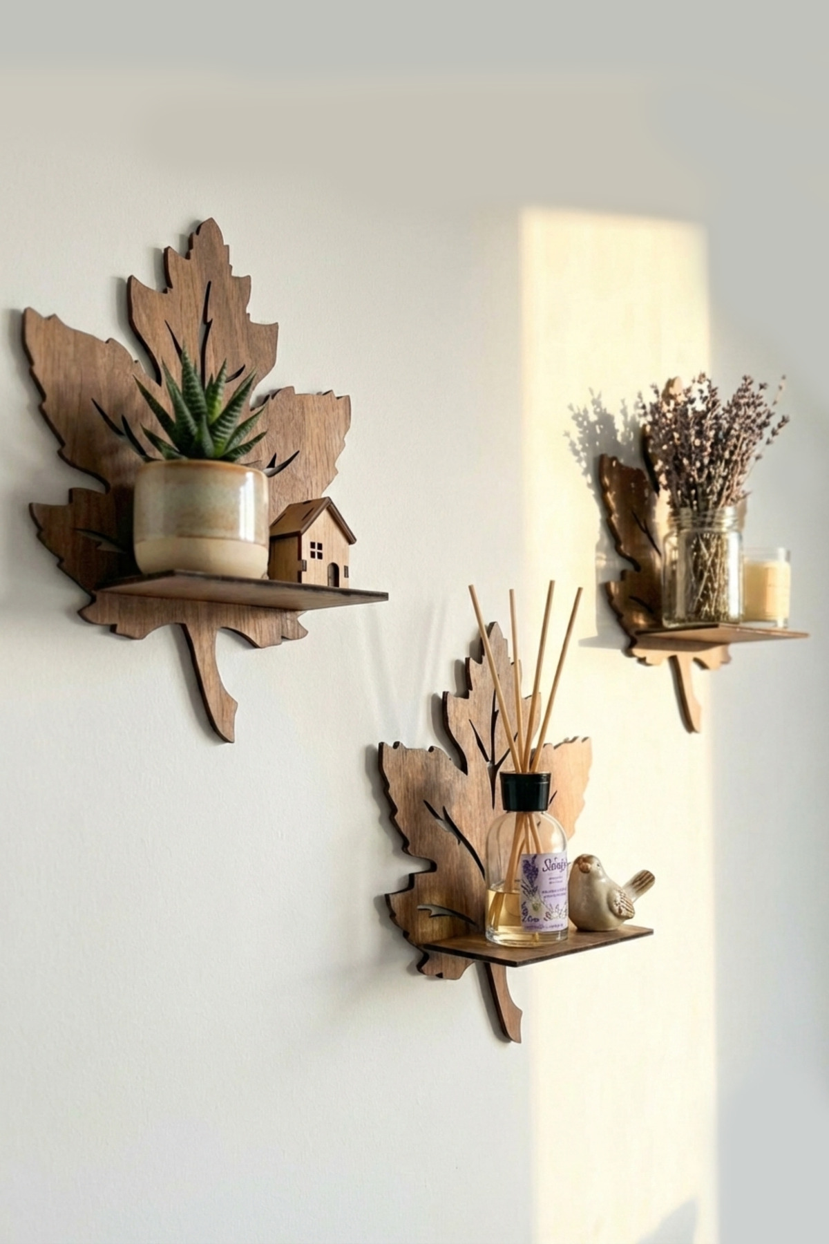 3-Piece Wooden Wall Ornament Shelf Leaf Candle Holder Wall Decor Sconce Table Object