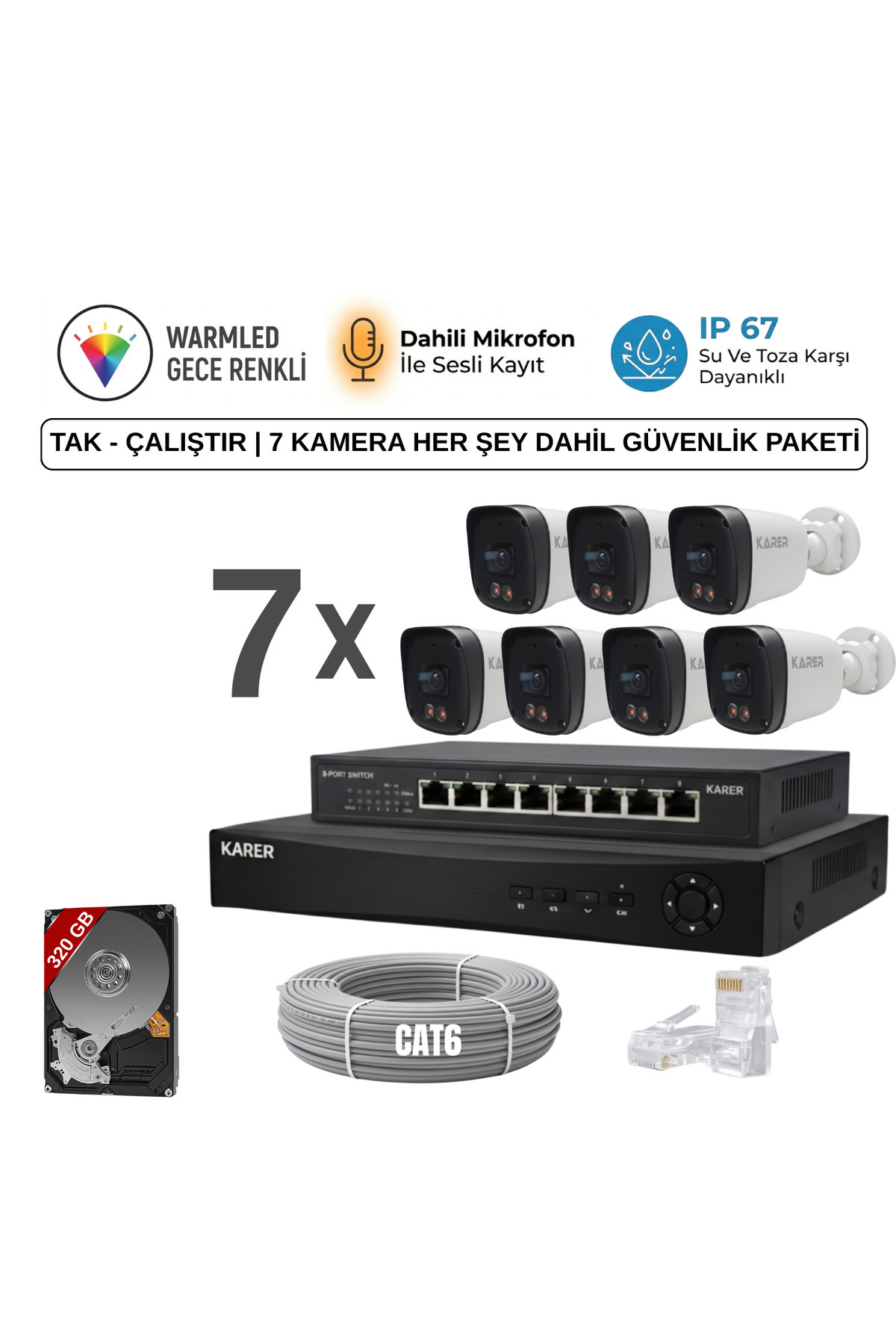 7 KAMERALI ULTRA HD 5MP IP POELİ-SESLİ-RENKLİ GECE GÖRÜŞLÜ-İNSAN ve PLAKA ALGILAMALI GÜVENLİK SETİ