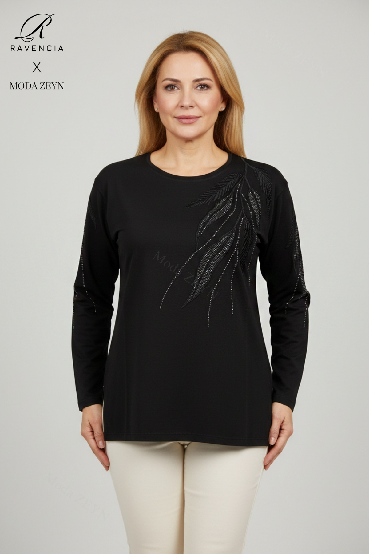 Women's Black Leaf Pattern Rhinestone Slit Embroidery Embroidered Lycra Viscose Mother Combed Cotton Blouse