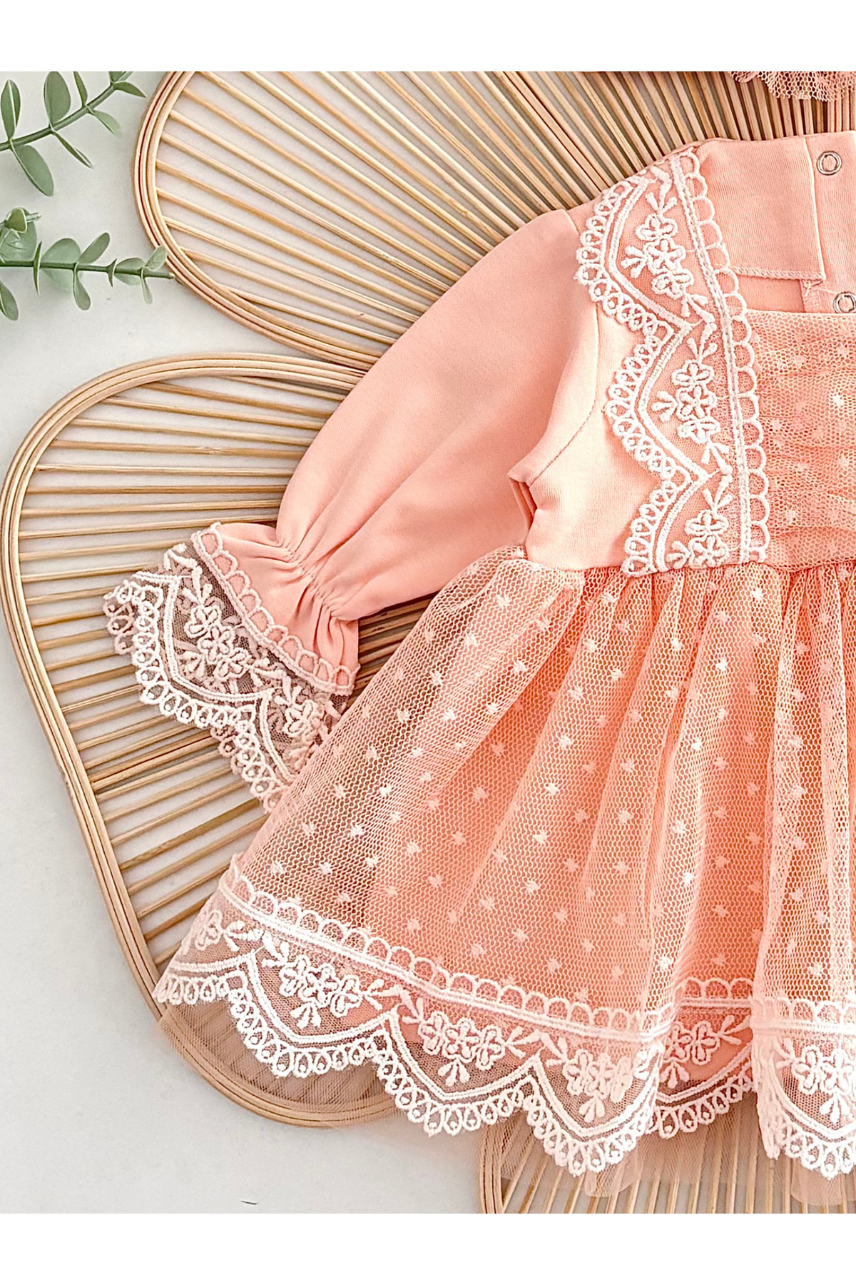 Jammybaby Carmen Elbise %100 Pamuk Penye Tül Dantelli Yenidoğan Kız Bebek Mevlüt ve Özel Gün Bandanalı Takım fotoğrafı 4 (önizleme)