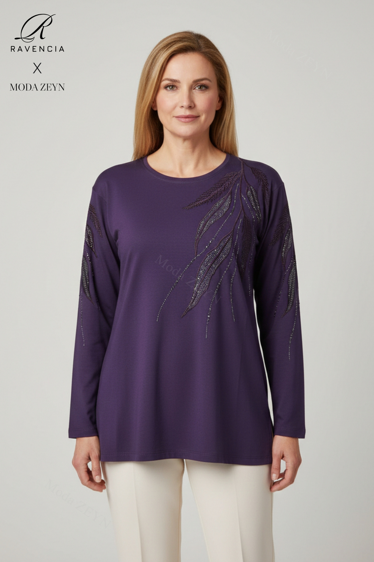 Women Damson Leaf Pattern Rhinestone Slit Embroidered Lycra Viscose Mother Combed Cotton Blouse