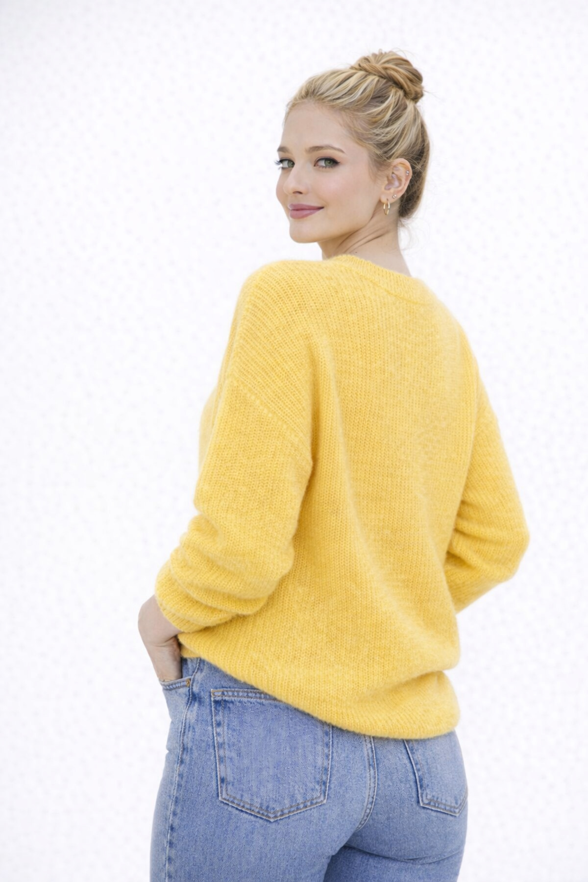 ModaAzen  Sarı Bisiklet Yaka Oversize Kadın Triko Kazak - Görsel 3