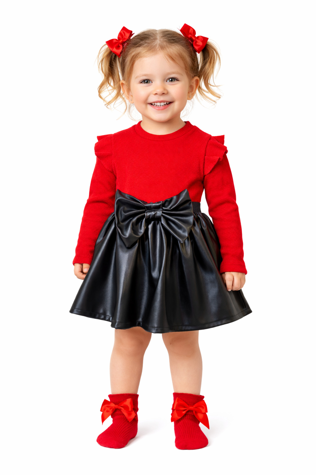 özge başaran Kız Bebek Çocuk Deri Etek Omuz Fırfırlı Kırmızı Badi Fiyonklu Çorap Seti fotoğrafı 3 (önizleme)