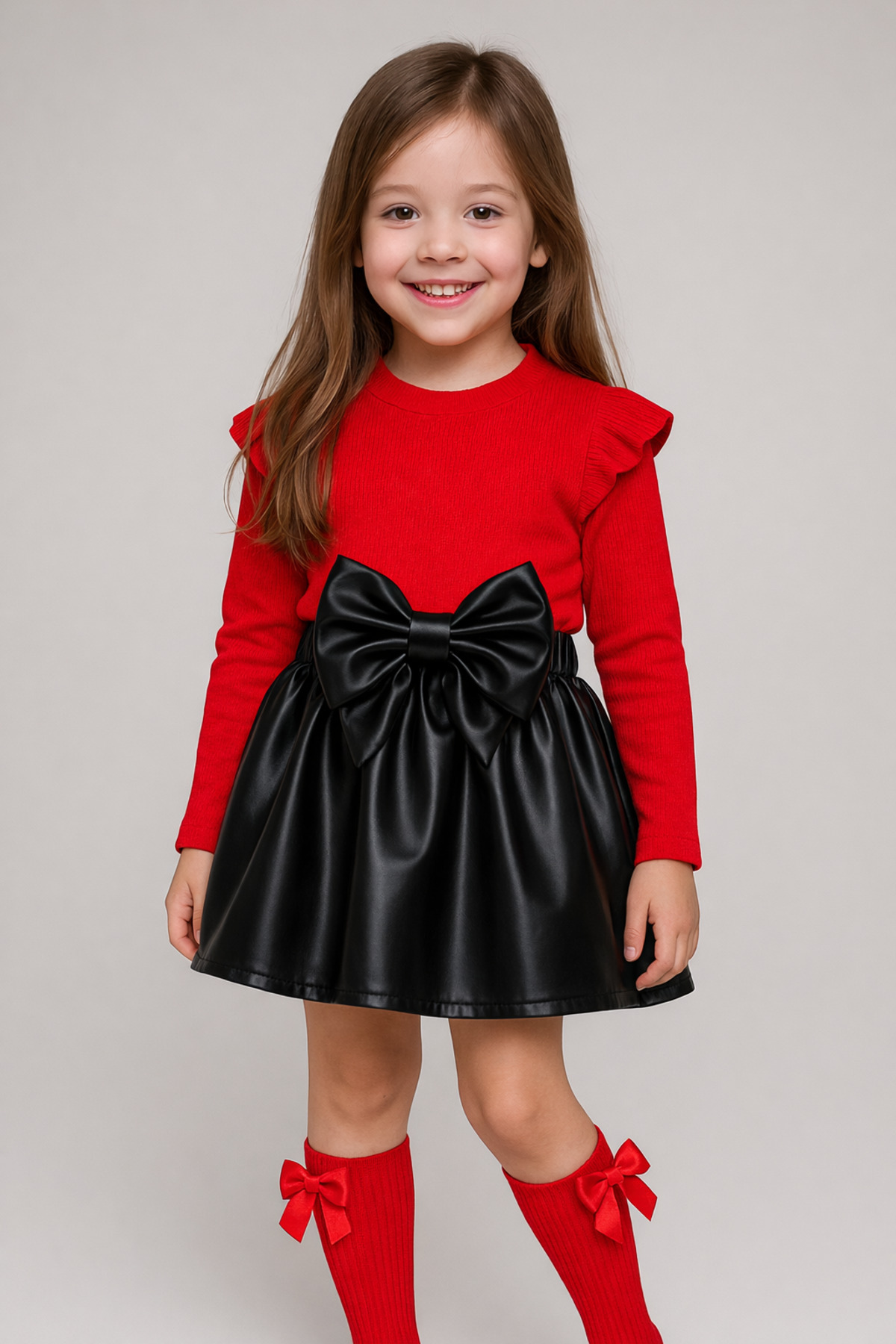 özge başaran Kız Bebek Çocuk Deri Etek Omuz Fırfırlı Kırmızı Badi Fiyonklu Çorap Seti fotoğrafı 2 (önizleme)