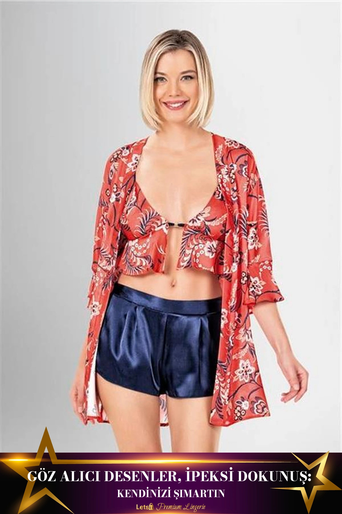 Letsii 3'Lü Desenli Saten Şort Takımı Standart Renk