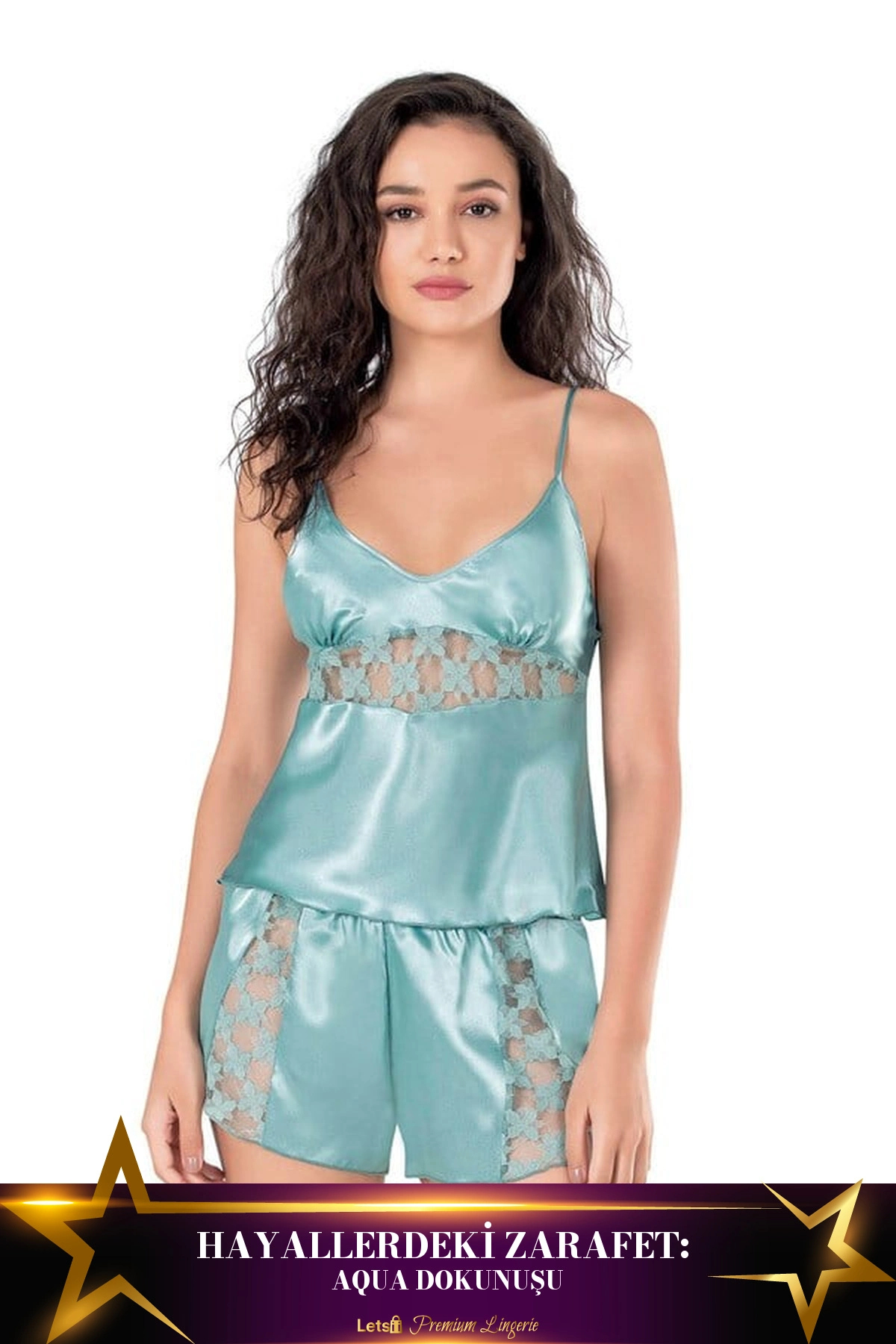 Letsii Saten Babydoll Şortlu Takım Aqua Renk