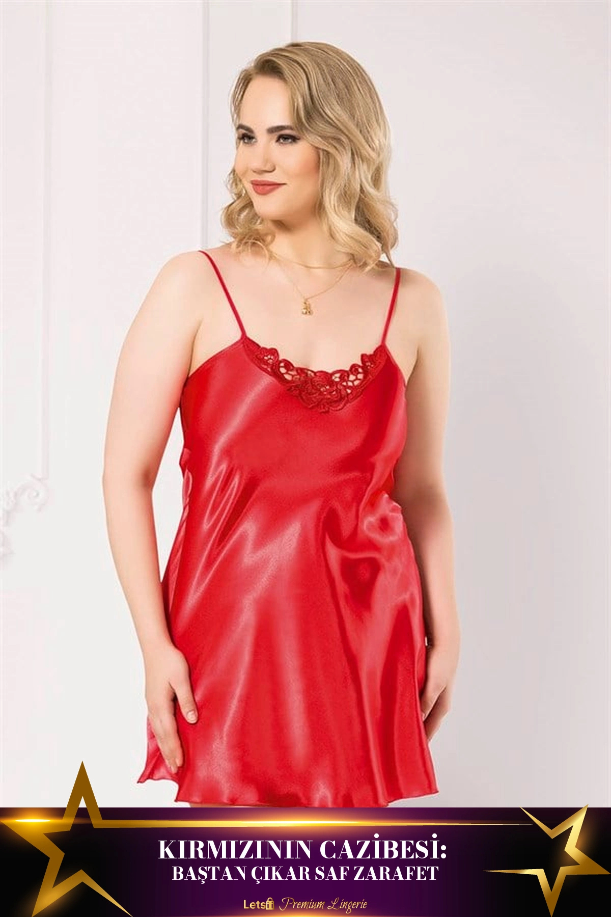 Letsii Büyük Kısa Saten Gecelik Kırmızı Renk