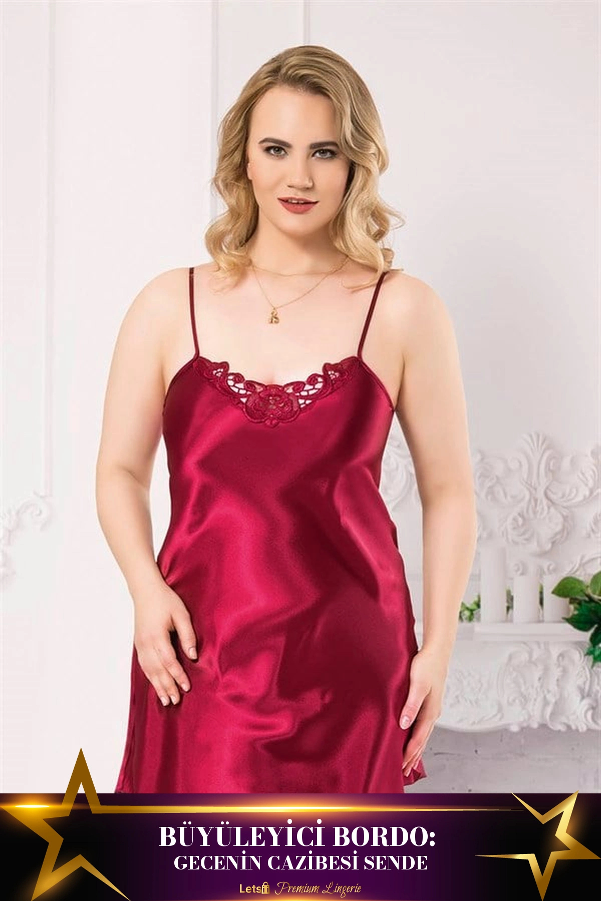 Letsii Büyük Kısa Saten Gecelik Bordo Renk