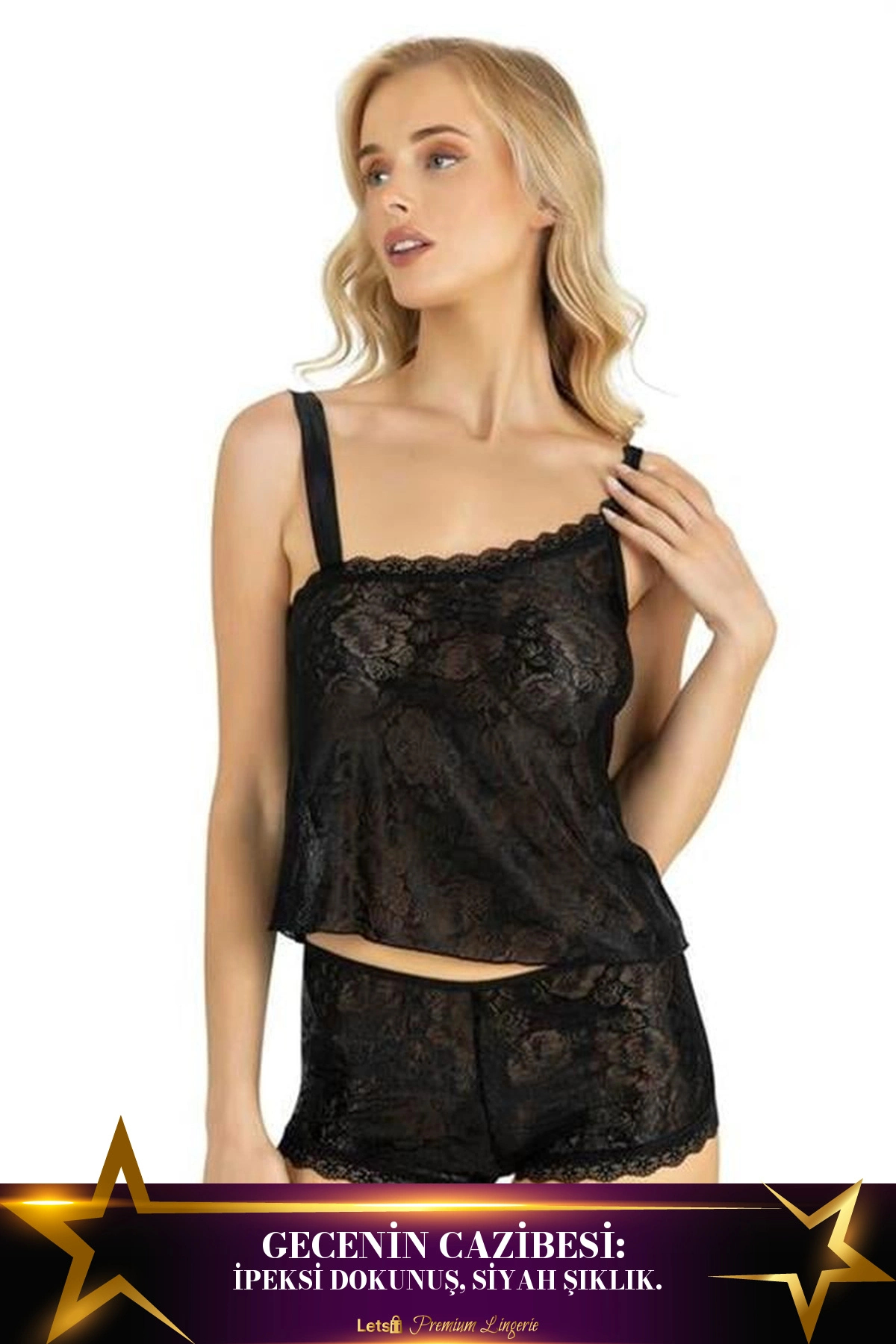 Letsii Saten Şortlu Takım İki Parça Klasik Tasarım Siyah Renk