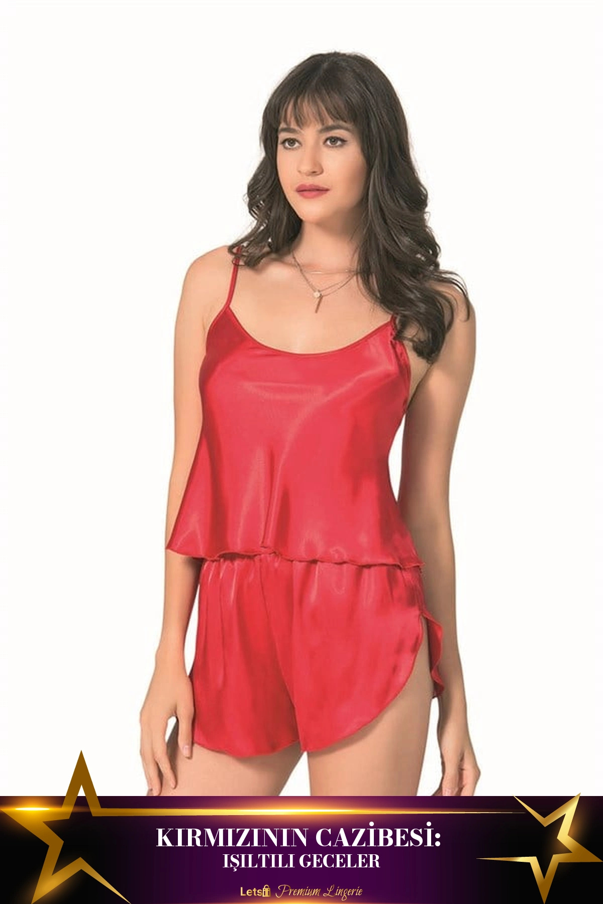 Letsii Saten Babydoll Şortlu Takım Kırmızı Renk
