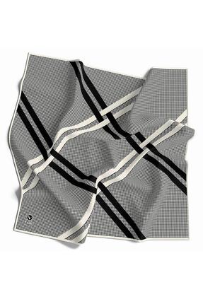 VİOLLA Twill Çizgili Pötikareli Çizgili Desenli Krem Renkli 90x90 Eşarp (İpek...