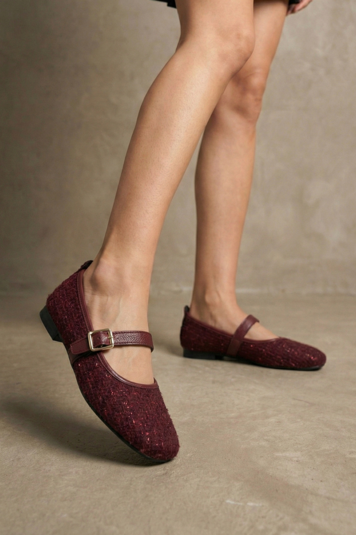 Beyond   Bordo Tüvit Kumaş Mary Jane Babet Şık Tokalı Rahat Taban Günlük Ayakkabı BYNDLCK01 - Görsel 2