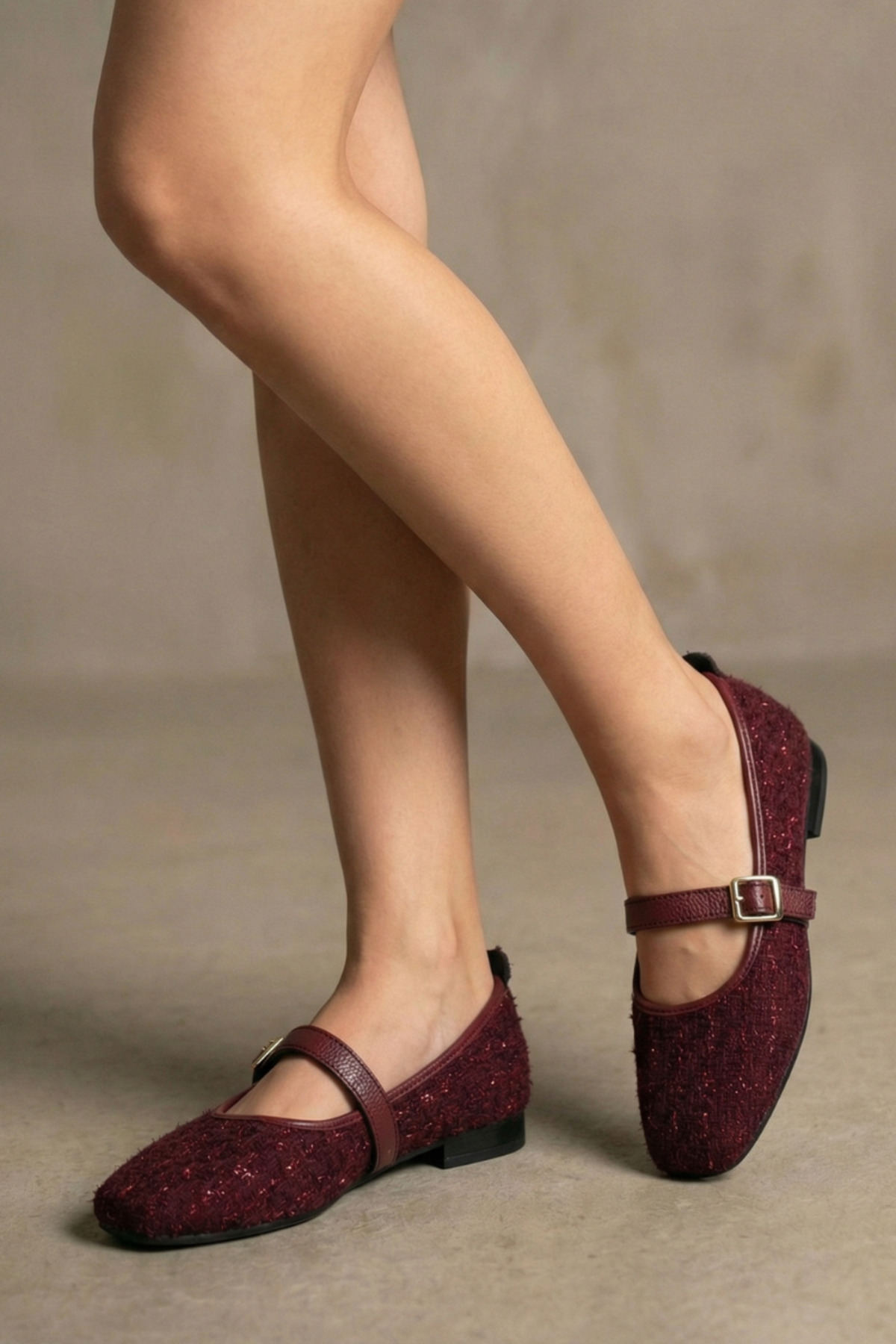 Beyond   Bordo Tüvit Kumaş Mary Jane Babet Şık Tokalı Rahat Taban Günlük Ayakkabı BYNDLCK01 - Görsel 4
