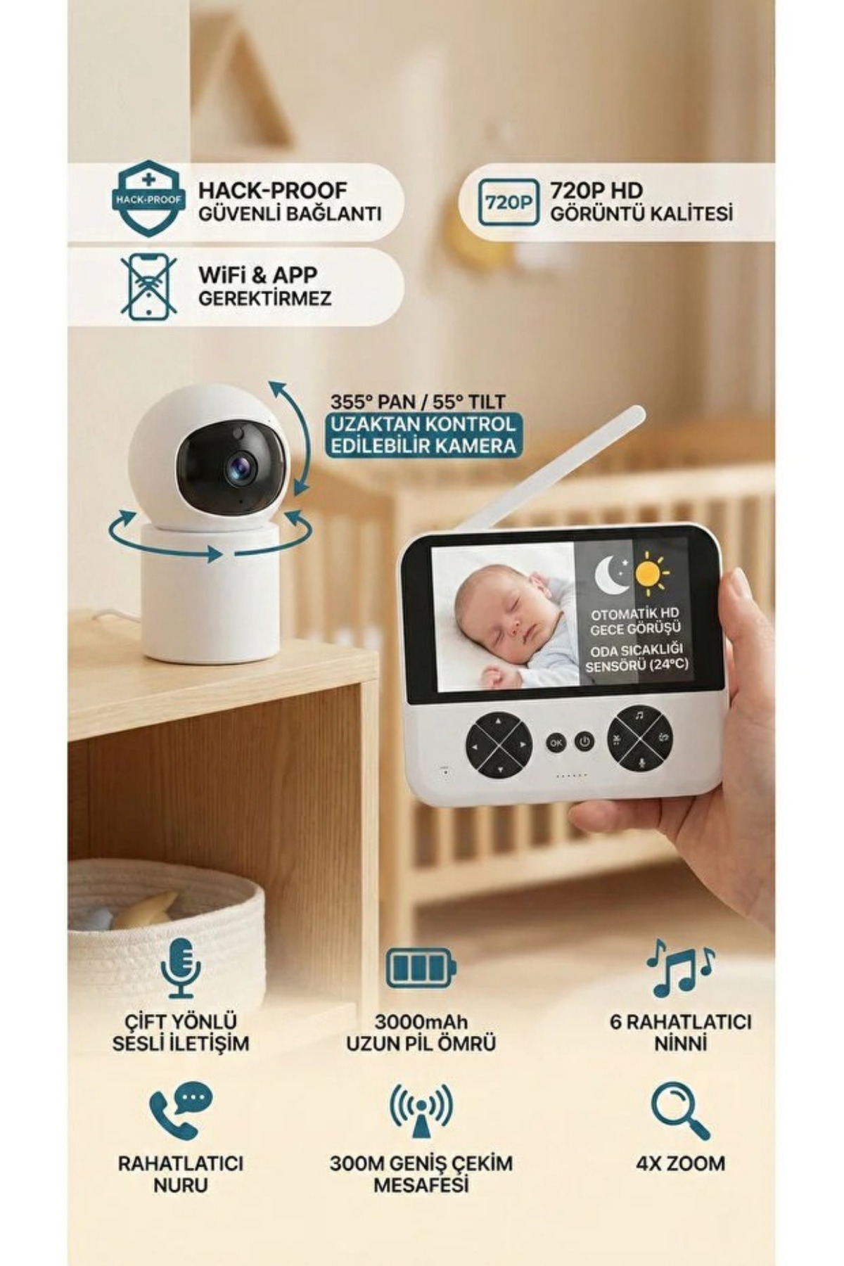 FaroxTech İnternetsiz Güvenli Bağlantı 720P HD Dönebilen Kameralı Görüntülü Bebek Telsizi ve Monitörü fotoğrafı 4 (önizleme)
