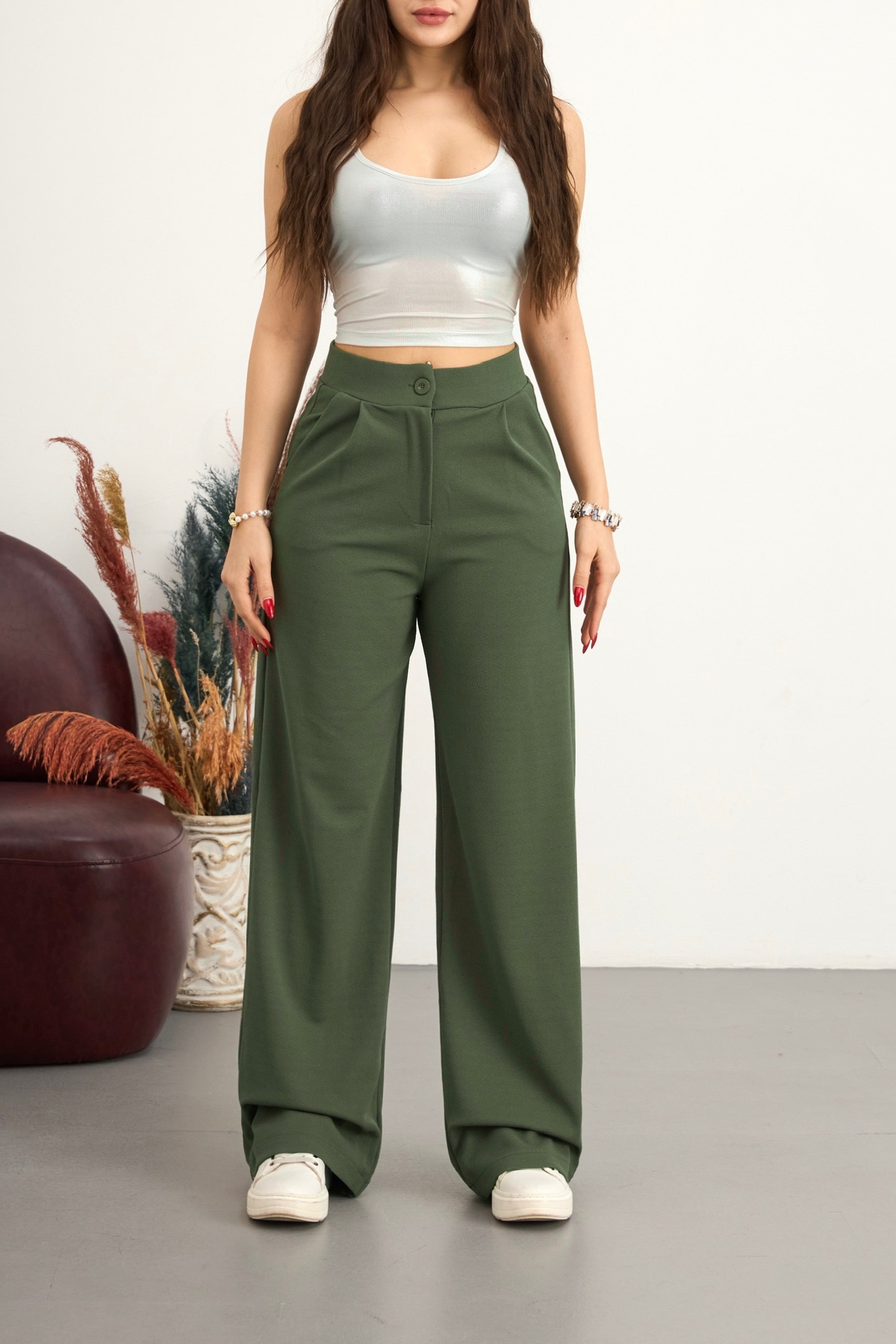 BİKELİFE  Kadın Yüksek Bel Cepli Esnek Geniş Haki Pantolon
