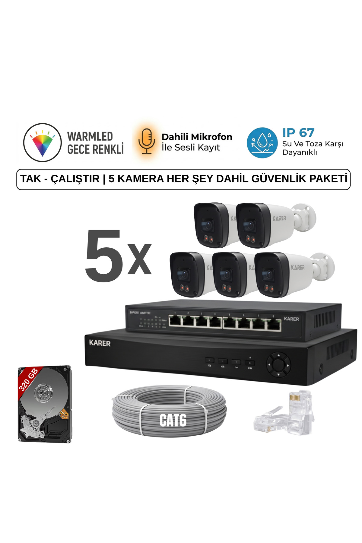 5 KAMERALI ULTRA HD 5MP IP POELİ-SESLİ-RENKLİ GECE GÖRÜŞLÜ-İNSAN ve PLAKA ALGILAMALI GÜVENLİK SETİ
