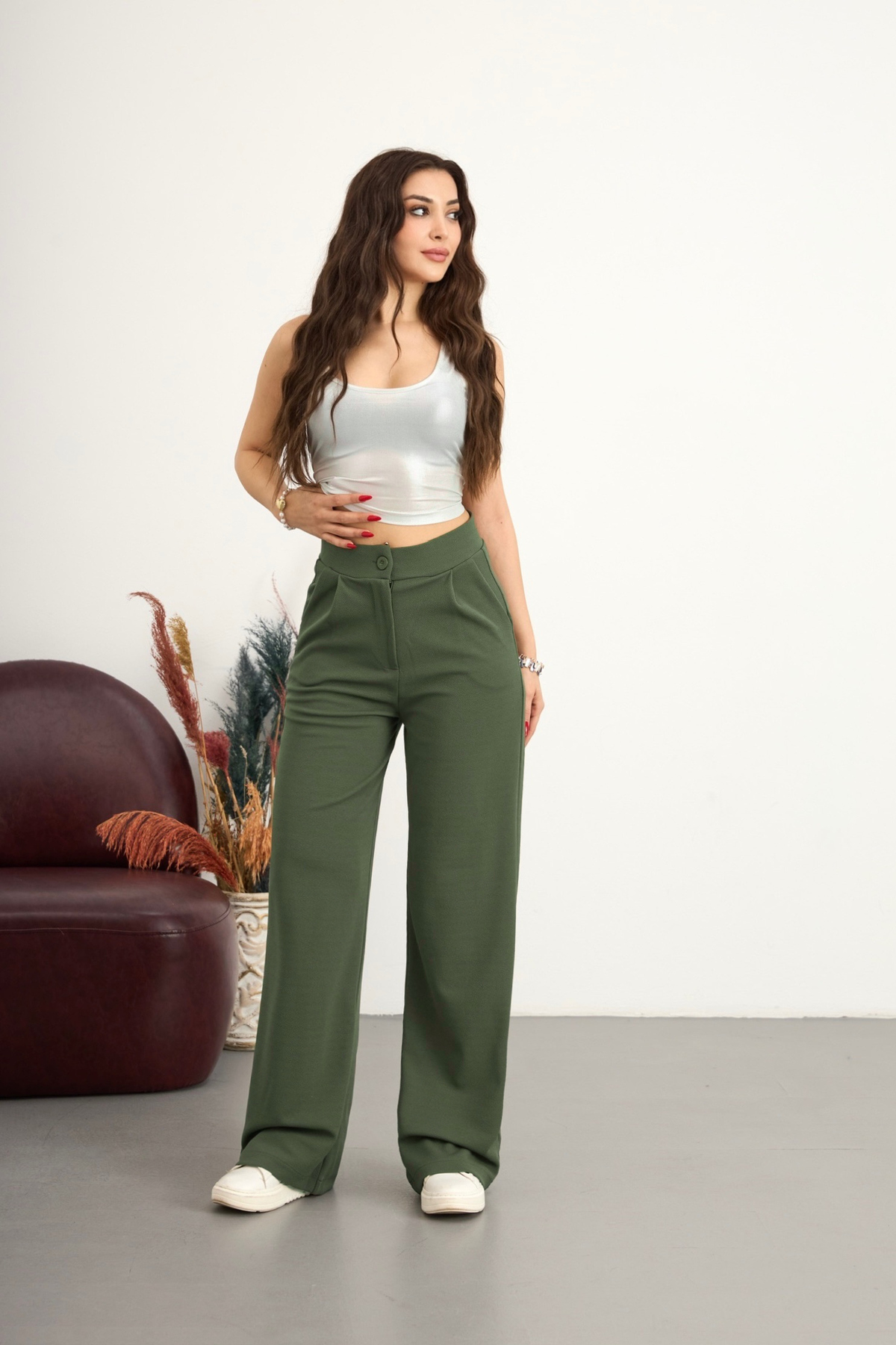 BİKELİFE  Kadın Yüksek Bel Cepli Esnek Geniş Haki Pantolon - Görsel 7