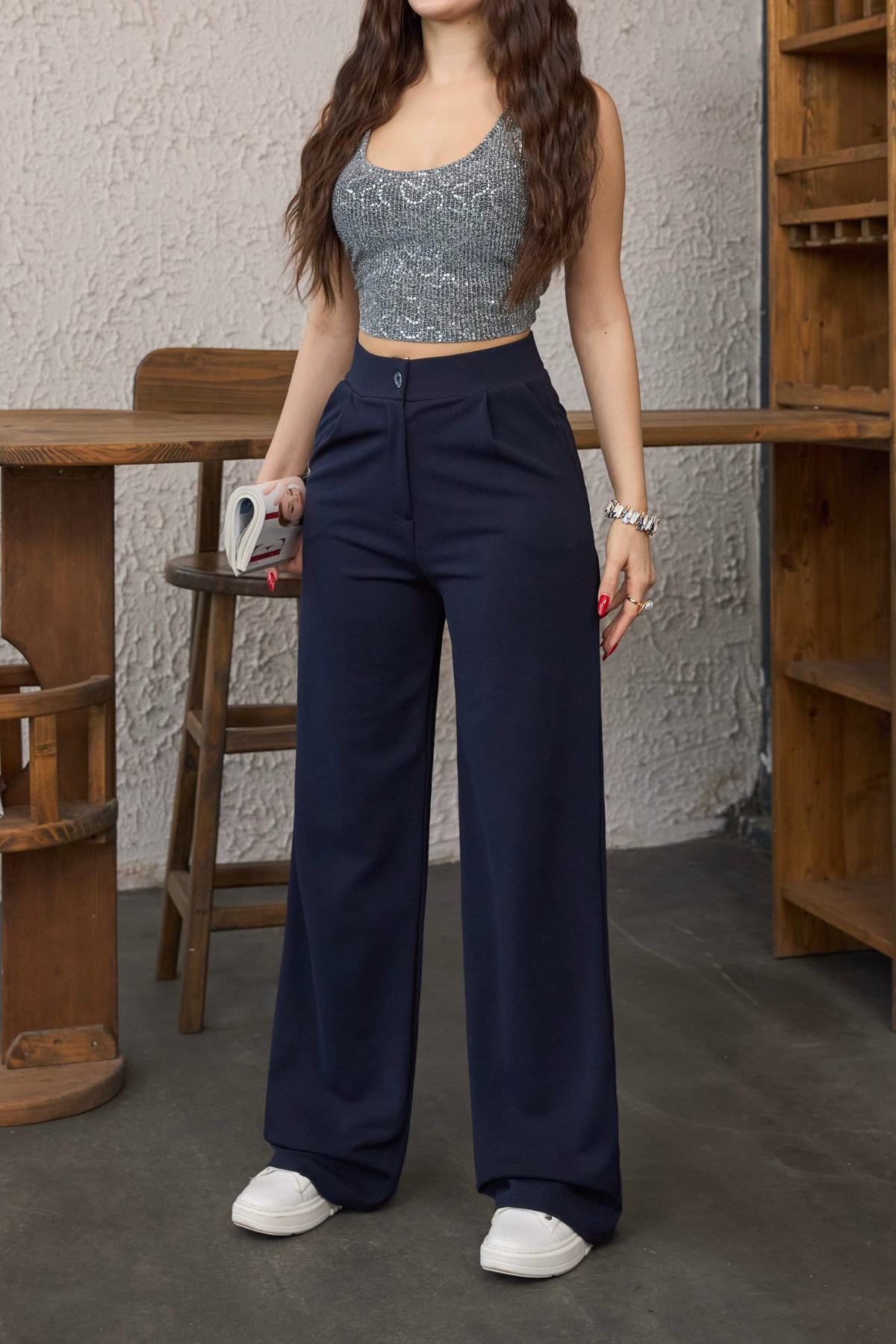 BİKELİFE  Kadın Yüksek Bel Oversize Kalıp Likralı Geniş Paça Palazzo Pantolon - Görsel 3