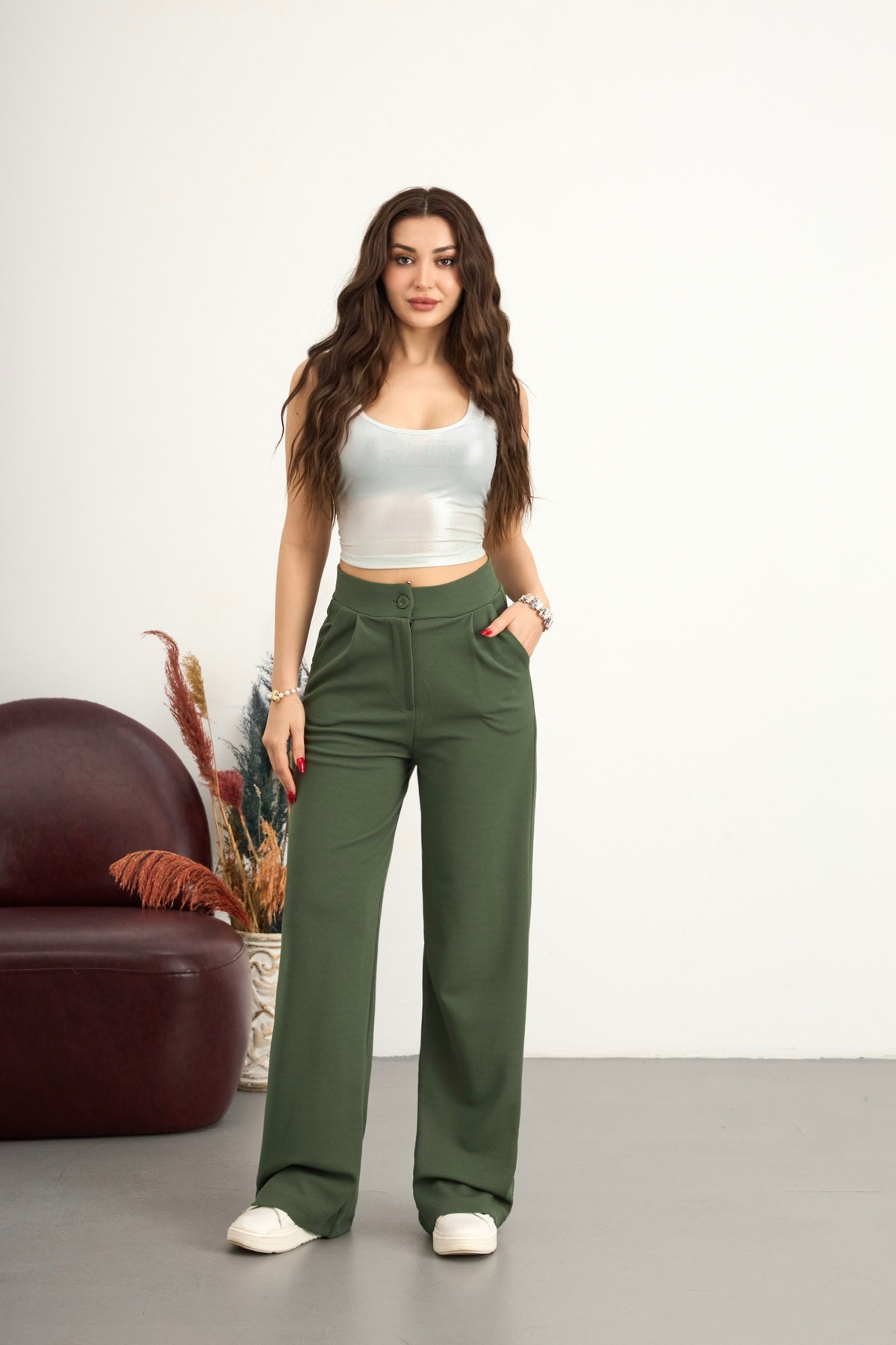BİKELİFE  Kadın Yüksek Bel Cepli Esnek Geniş Haki Pantolon - Görsel 6