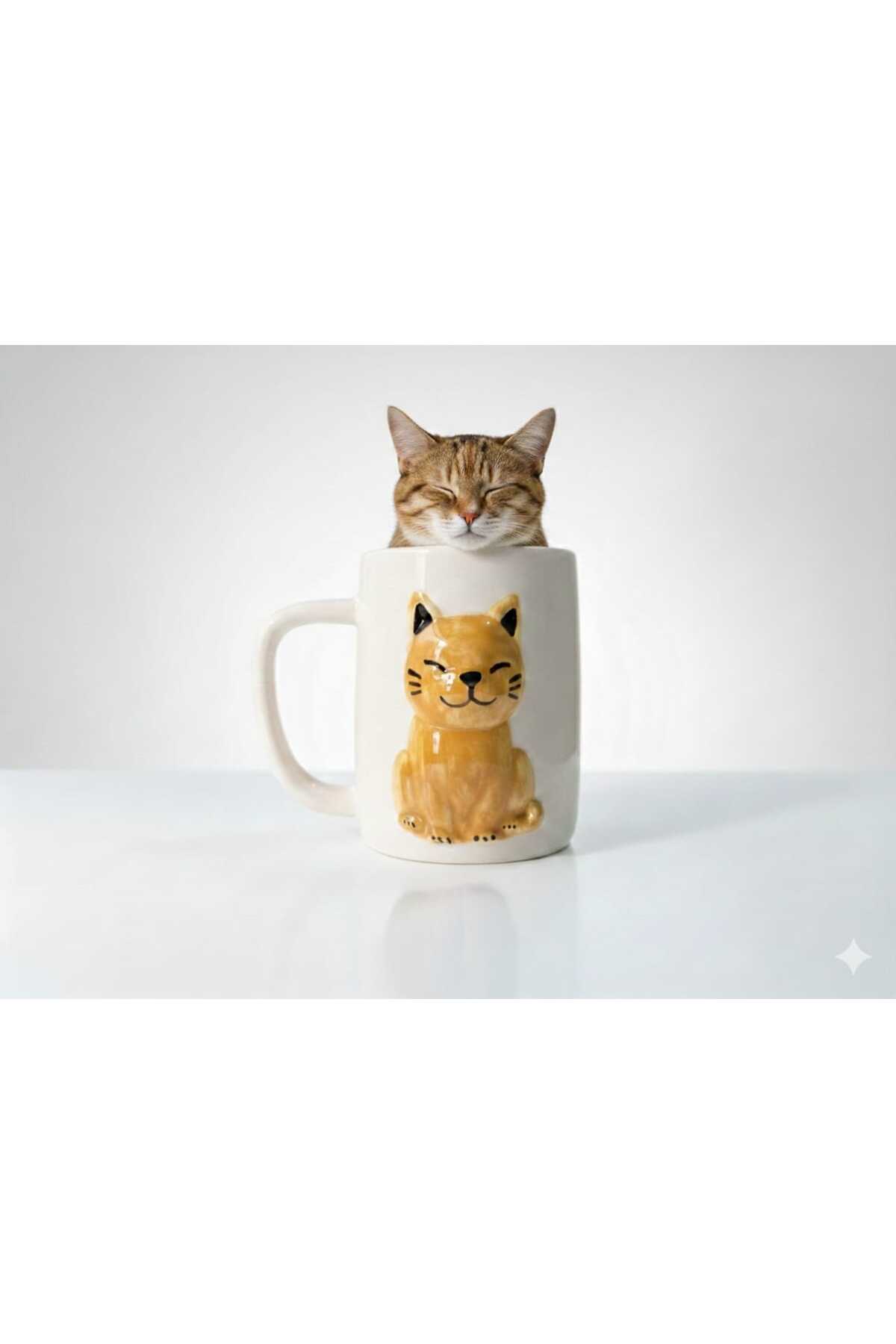 Kedi Kabartmalı Seramik Kupa El Yapımı