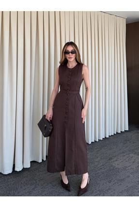 Laluvia Kahverengi Düğmeli Kemerli Gabardin Elbise - 5002