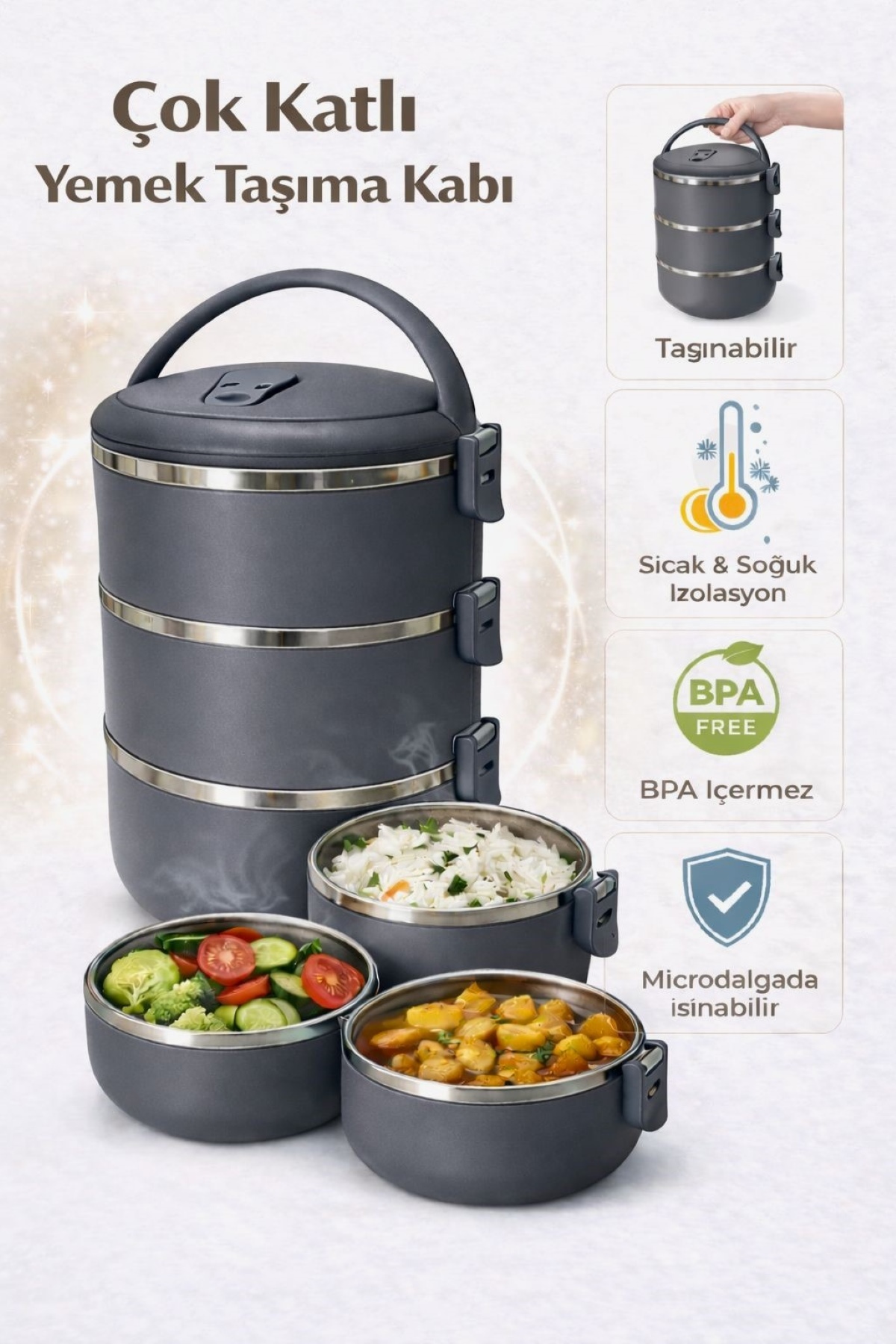 Zeria Home FreshBox 3 Katlı Sızdırmaz Yemek Termosu - Microdalga