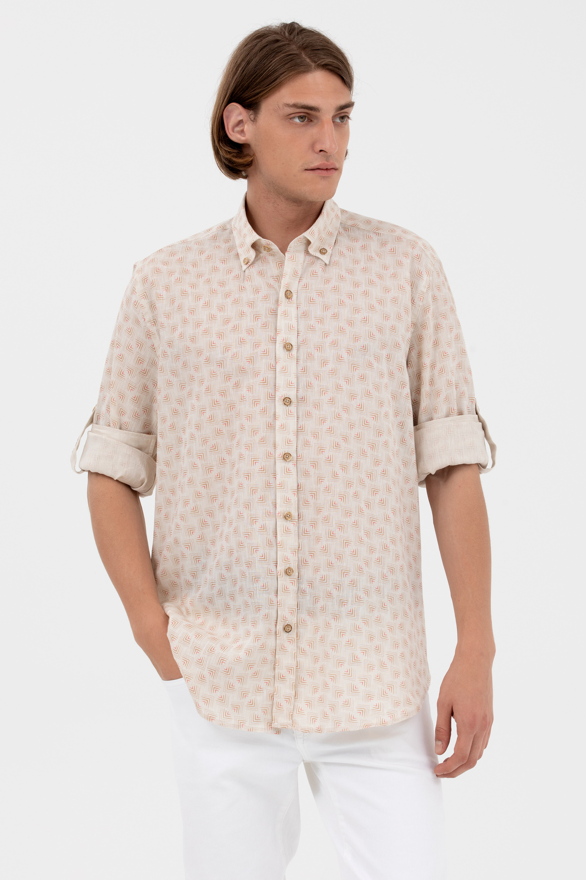 U.S. Polo Assn. Düğmeli Yaka Katlanabilir Kol Camel Erkek %100 Pamuk Gömlek 1577132 — قهوه‌ای