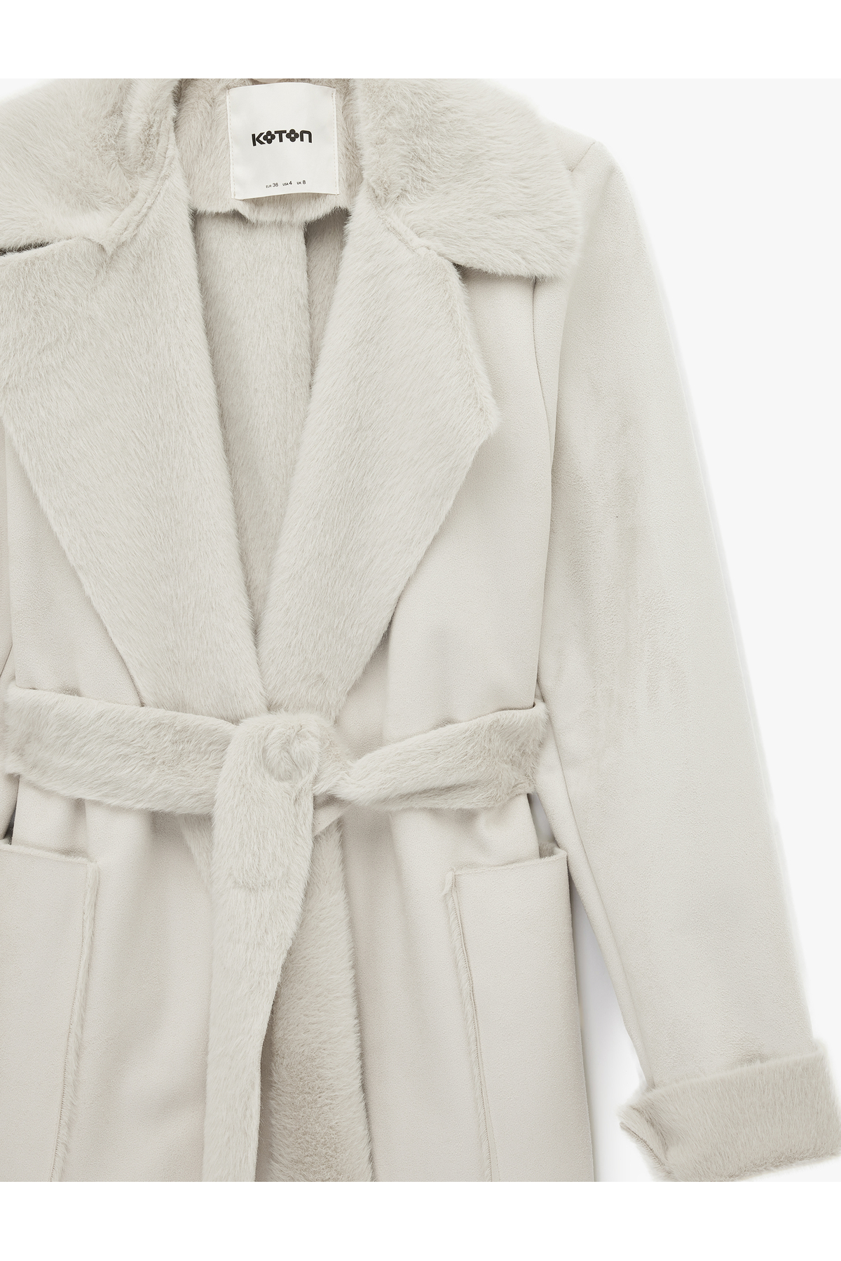 Koton  Uzun Kollu Cepli Kemerli Yakası Suni Kürklü Bonded Kaban - Görsel 5