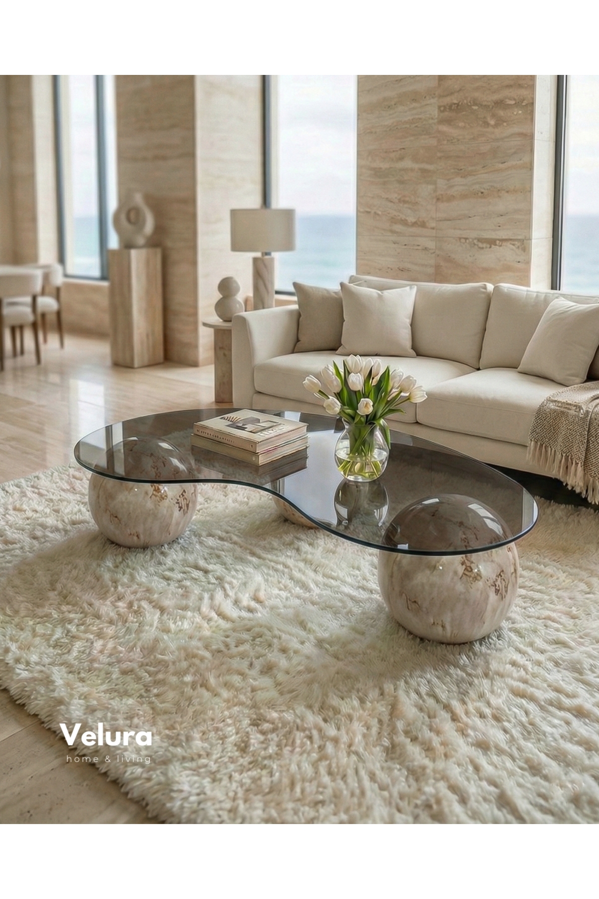 Modern Coffee Table & Sphere Coffee Table & Ball Coffee Table & Smoked Beans Glass & Plexiglass Marble