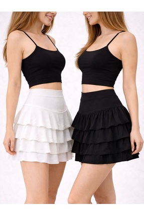 EXPECTED 2' Li Siyah ve Beyaz 4 Katlı Bürümcük Kumaş Likralı Mykonos Etek