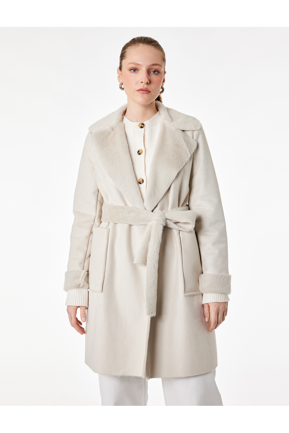 Koton  Uzun Kollu Cepli Kemerli Yakası Suni Kürklü Bonded Kaban - Görsel 2