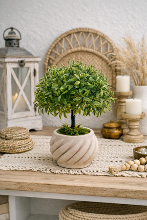 Lineva Kıvrımlı Beton Saksıda Yapay Fesleğen Çiçeği – Dekoratif Ev & Ofis Mas...