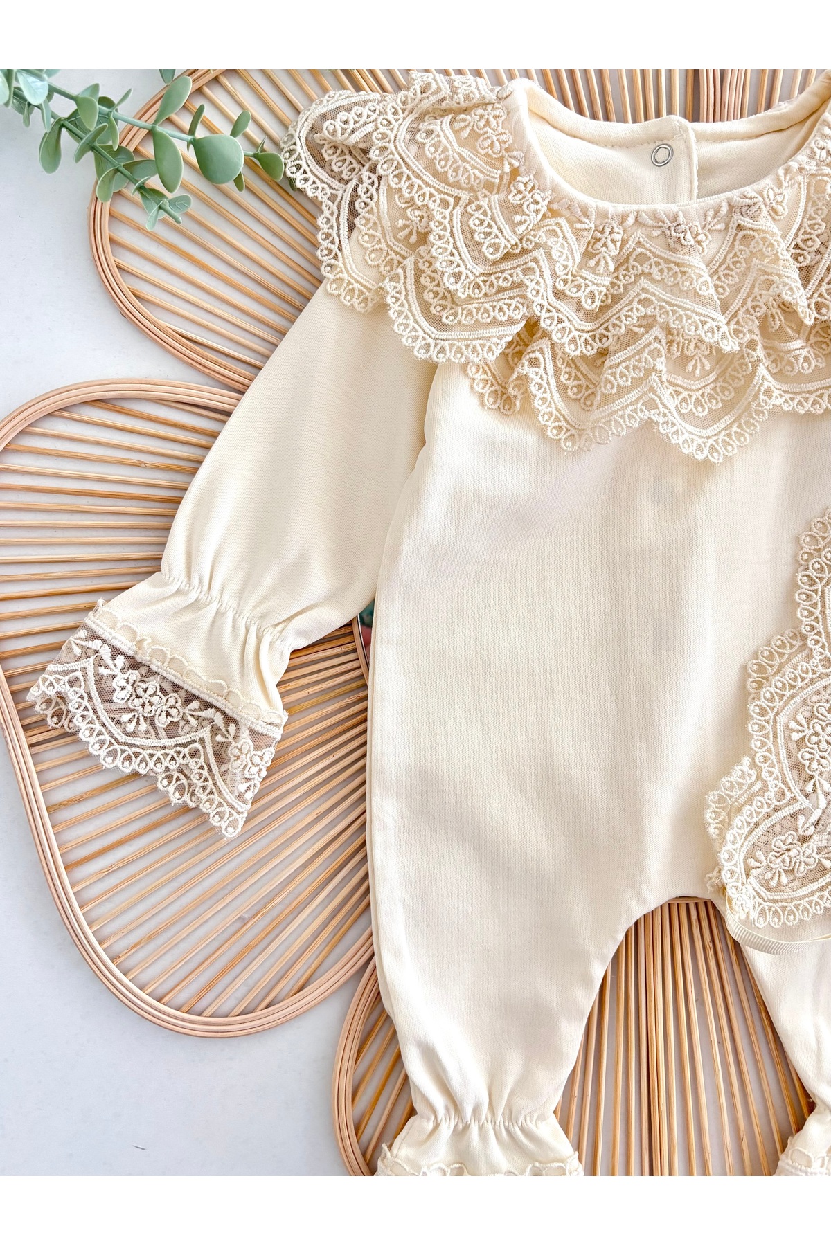 Jammybaby Carmen Tulum Güpür Dantelli Şapka %100 Pamuk Penye Kız Bebek Takım Yenidoğan Mevlüt hastane çıkışı fotoğrafı 3 (önizleme)