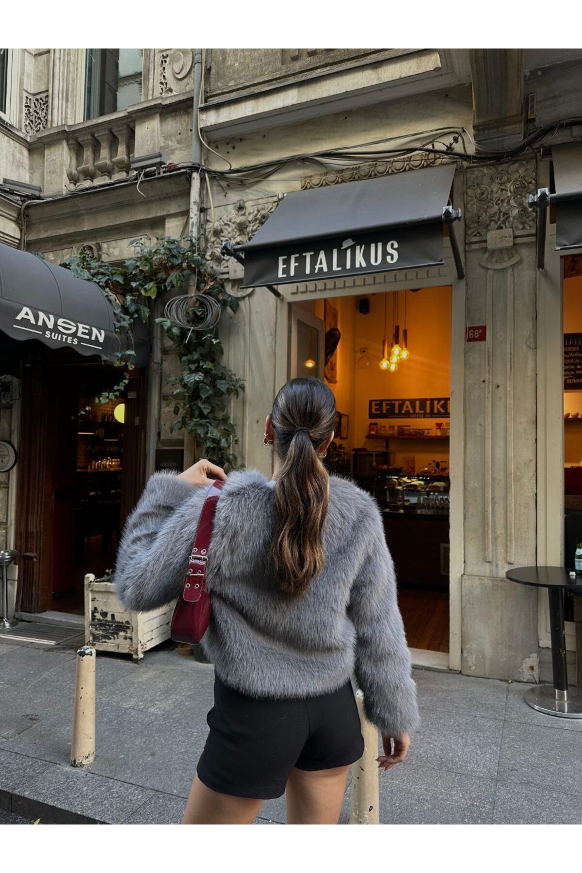 Elegance Scarf  Yakasız Premium Ithal Lolita Kürk Mont Ceket Gri - Görsel 6