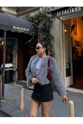 Elegance Scarf Yakasız Premium Ithal Lolita Kürk Mont Ceket Gri