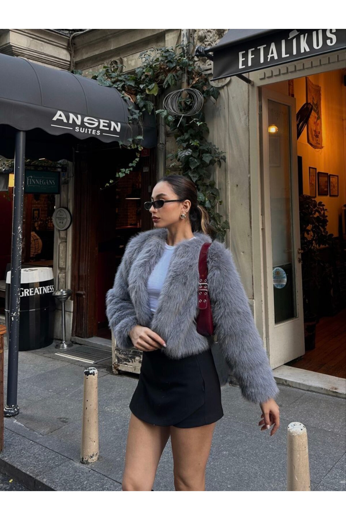 Elegance Scarf  Yakasız Premium Ithal Lolita Kürk Mont Ceket Gri