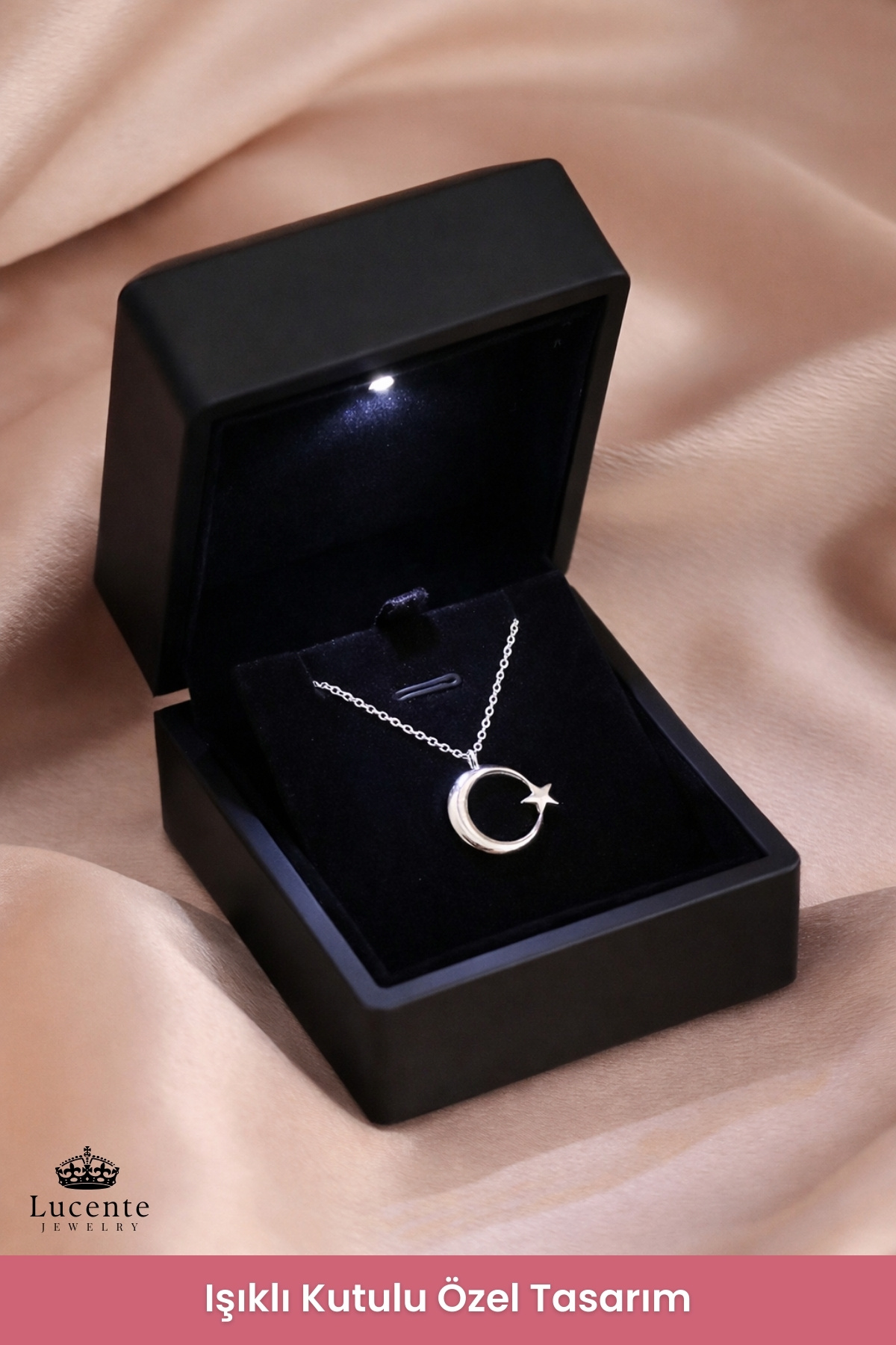 Lucente Jewellery Işıklı Hediye Kutulu Ay Yıldızlı 925 Ayar Luxury Serisi Türk Bayrağı Ayyıldızlı Özel Minimal Tasarım Gümüş Özel Gün Hediyesi 45 Cm Zincirli Küpe Hediyeli Hilal Ay ve Yıldız Kadın Kolye görsel 4
