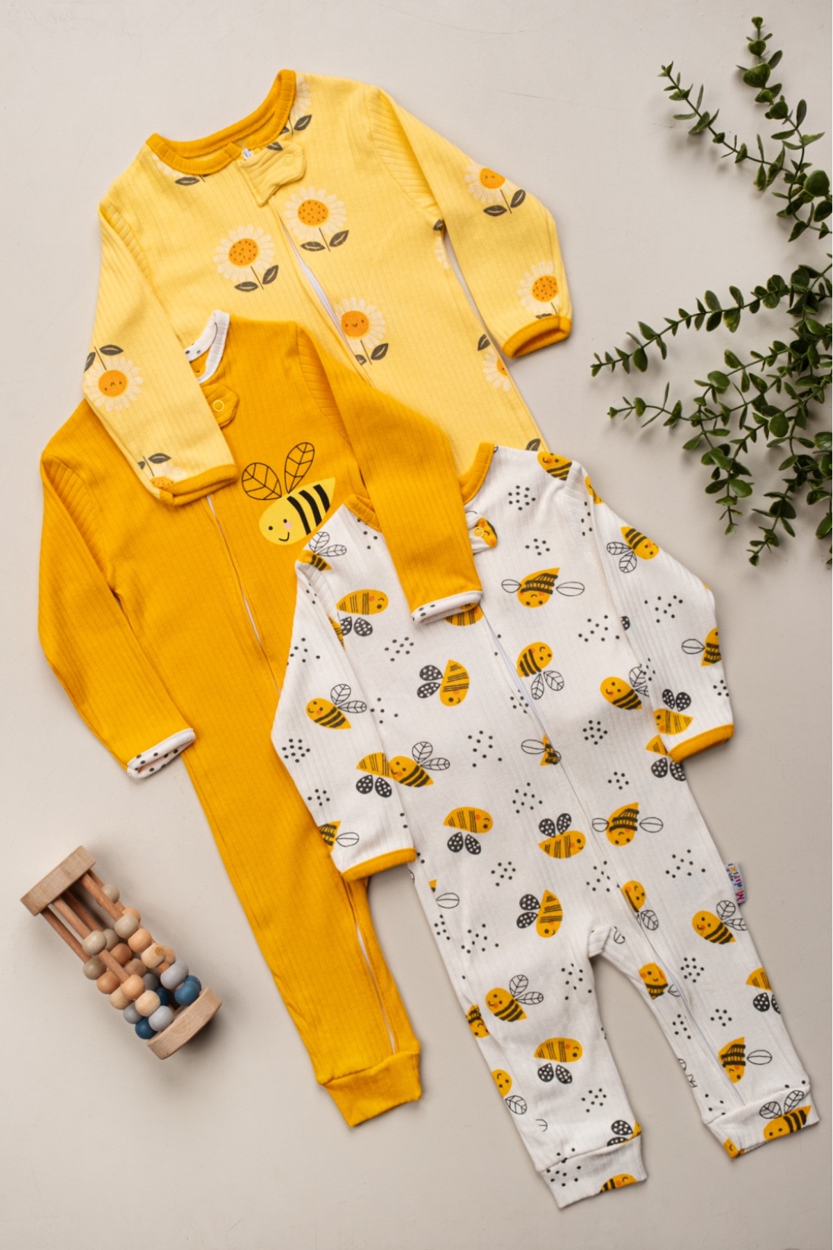 Mıdırık Unisex Kız Bebek %100 Pamuklu 9- 18 Ay Fermuarlı 3'lü Arı Desenli Manşetli Tulum Seti fotoğrafı 3 (önizleme)