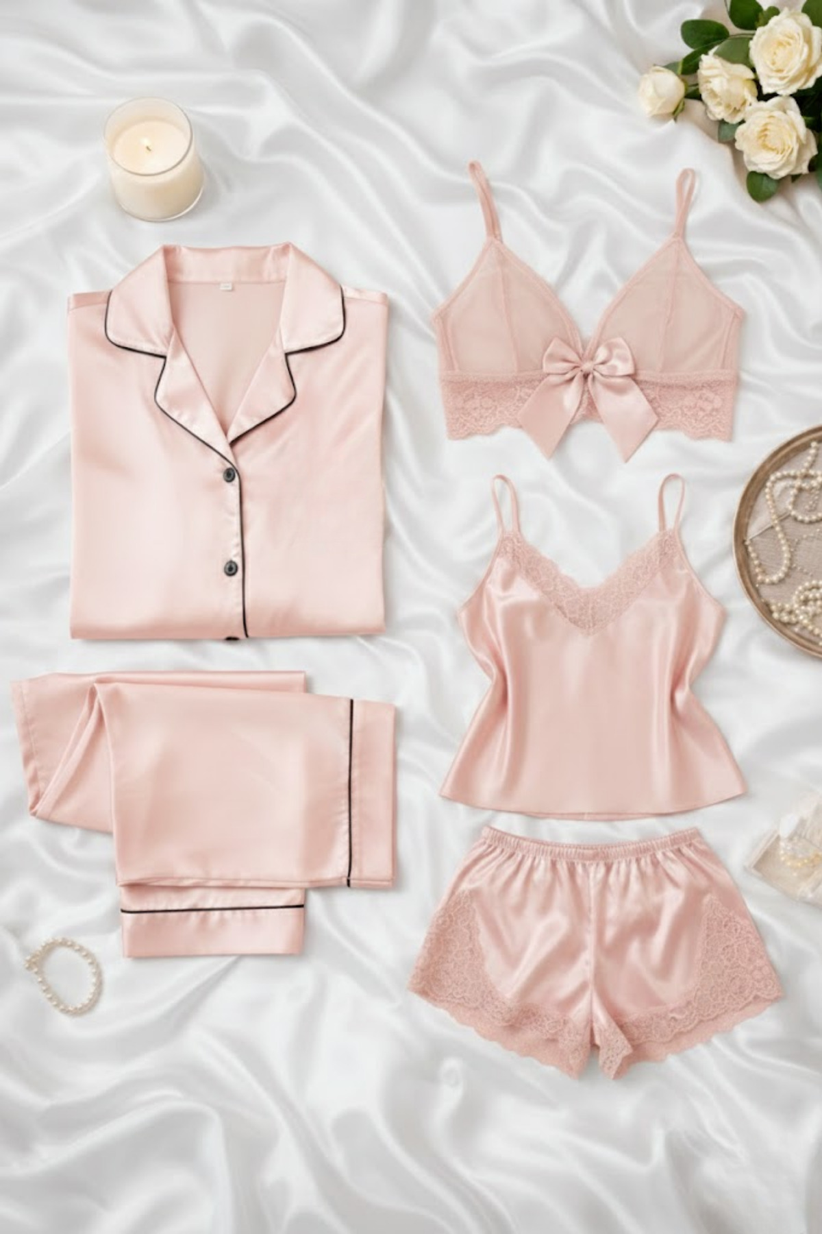 ZENCHES Kadın Saten 5’li Kutulu Çeyiz Seti Pembe-Saten Pijama Takımı,Saten Şortlu Takım,Büstiyer