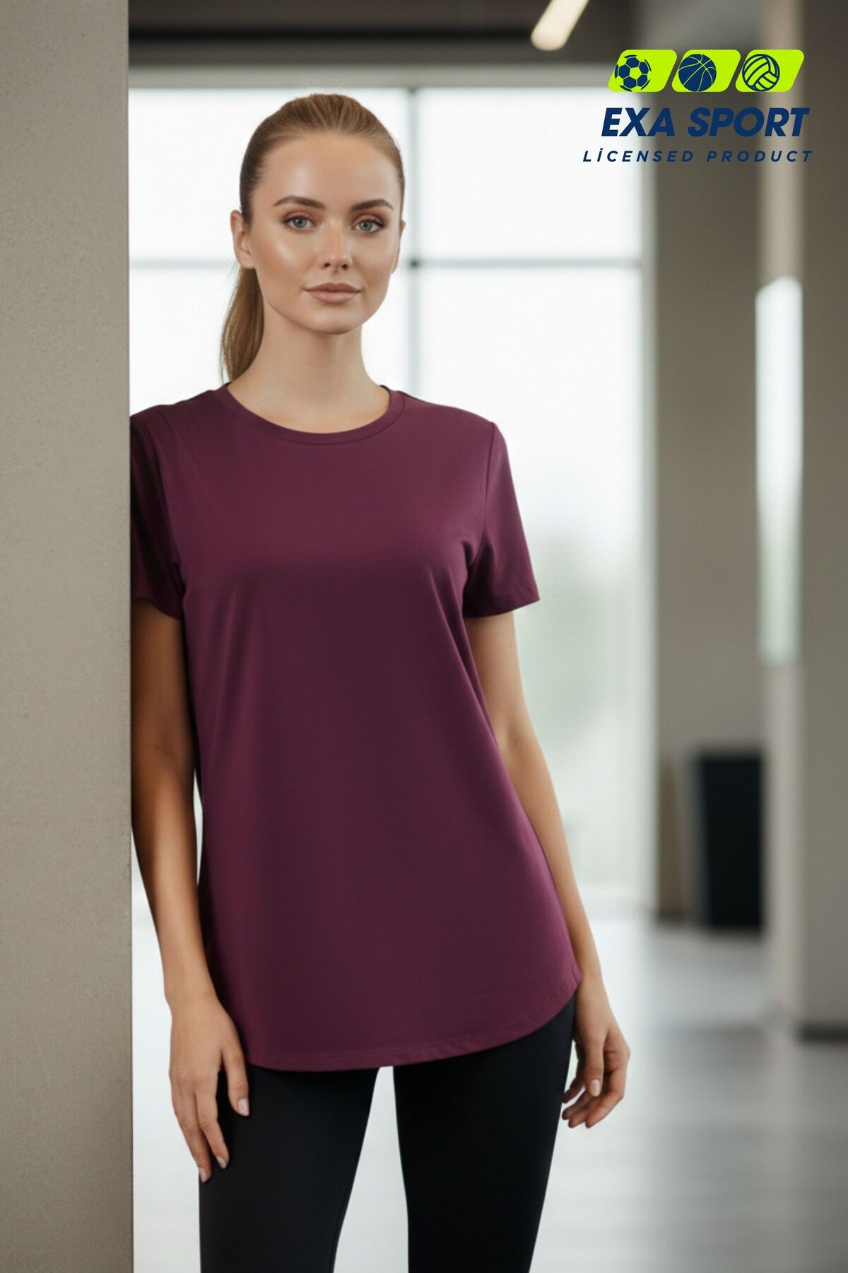 Kübra Tekstil Kadın Bordo Sporcu Tişörtü Nefes Alabilir Hızlı Kuruyan Rahat Kesim Fitness Yoga Tişört-Tshirt görsel 3