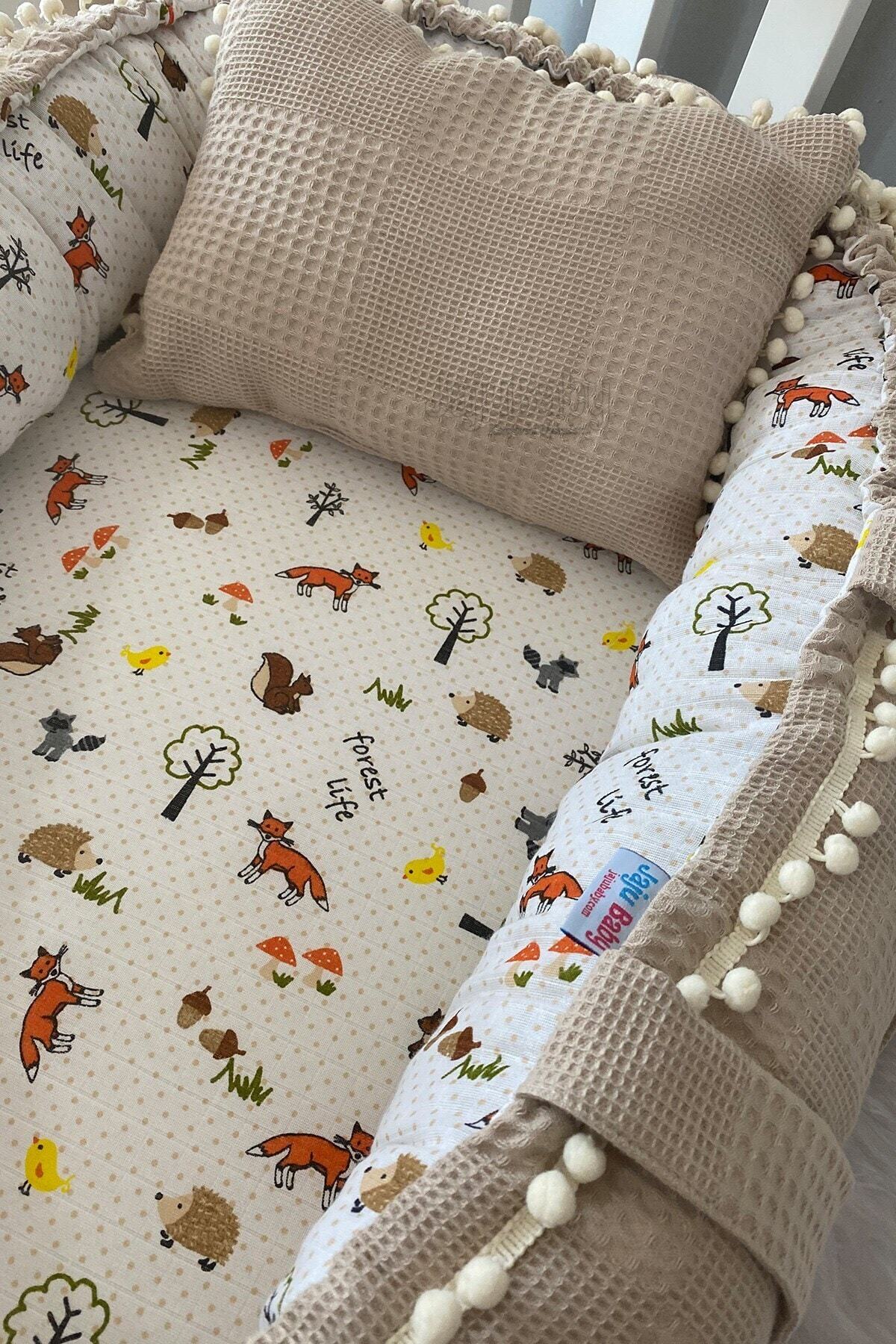 Jaju Baby Babynest Pike Ve Müslin Kumaş Tilki Tasarım Organik Pamuk Kumaş Ponponlu Nest fotoğrafı 3 (önizleme)