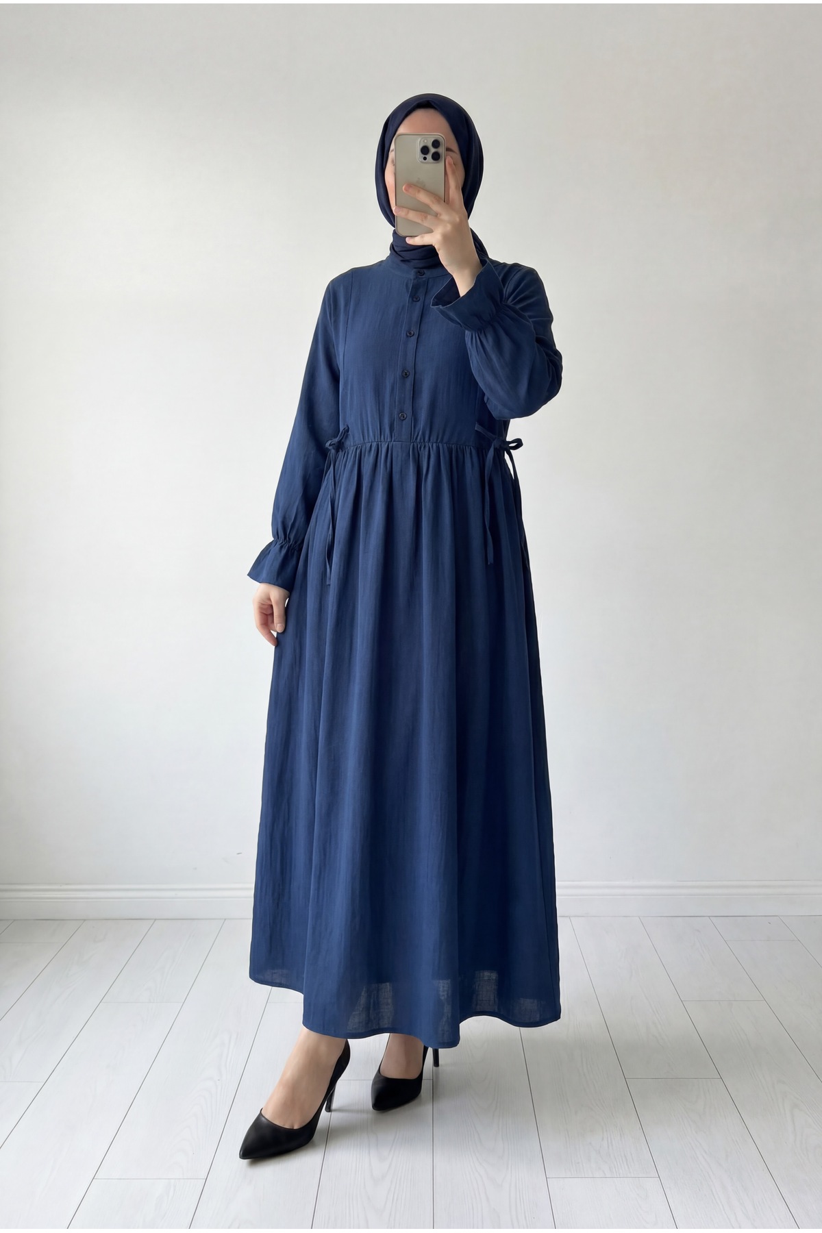 Almina Muslin Piping Laced Dress-NA2418 Navy