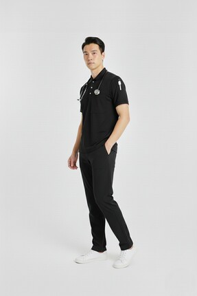 Nur Medikal Giyim Zulu Model Siyah Polo Yaka Likralı Erkek Doktor Hemşire Scr...