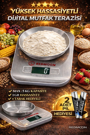 REDMOON Lüx Paslanmaz Çelik Mutfak Terazisi Dijital 5 Kg Mutfak Tartısı Pil H...