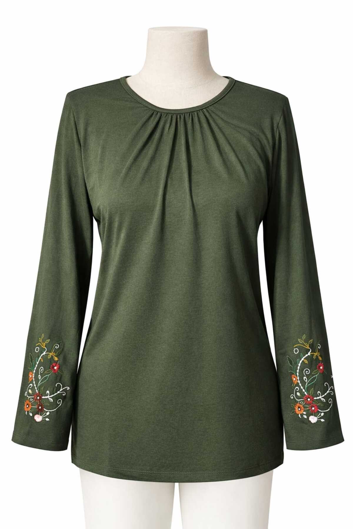 Nacar Moda  Kadın Likralı Orta Yaş Ve Üzeri Dört Mevsim Haki Anne Penye Bluz Yeni Sezon Kolu İşlemeli - Görsel 2