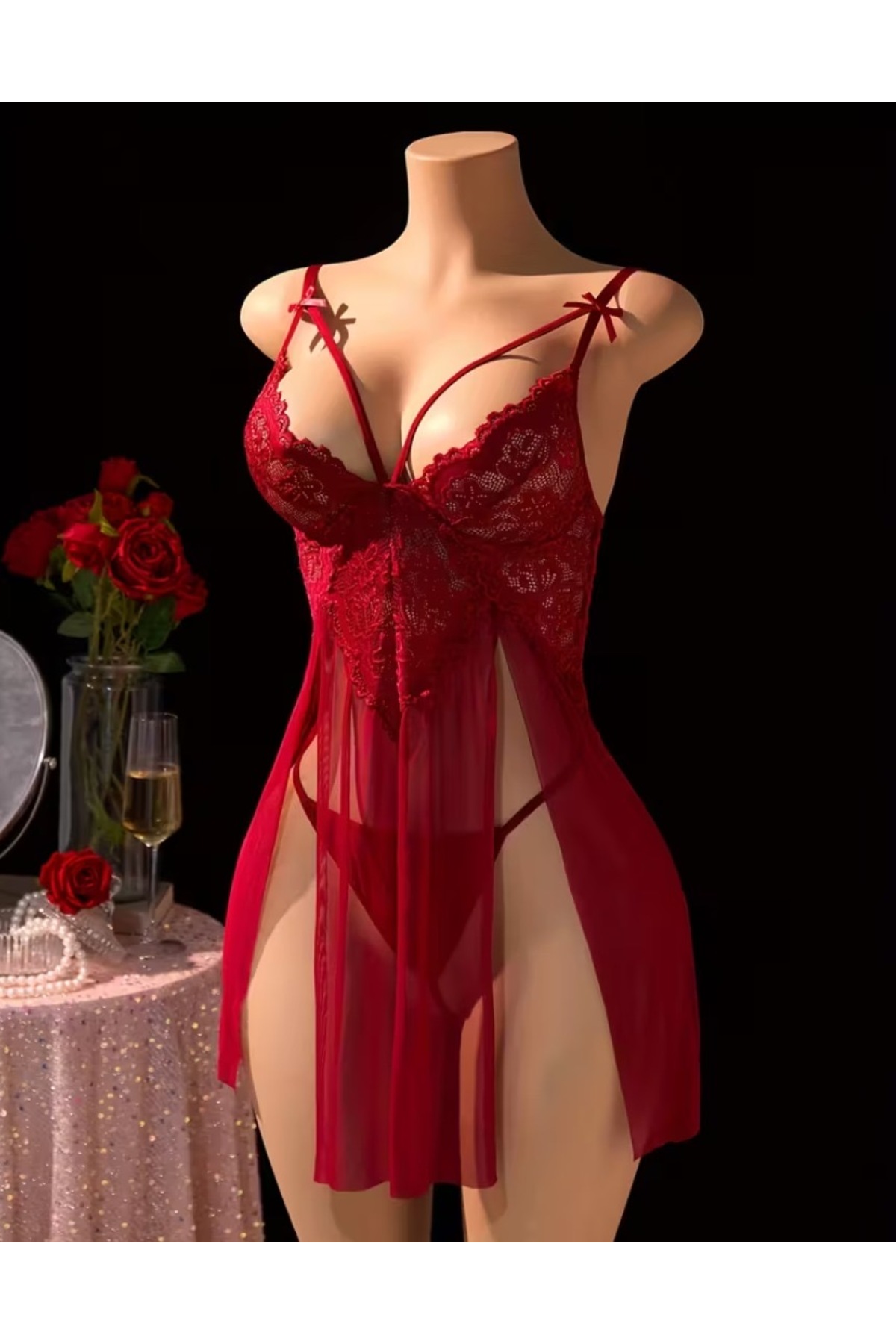 WINDY LAND  Kadın Bordo Dantel Detaylı Ful Nikralı Tül Yumsak Gecelik - Görsel 7